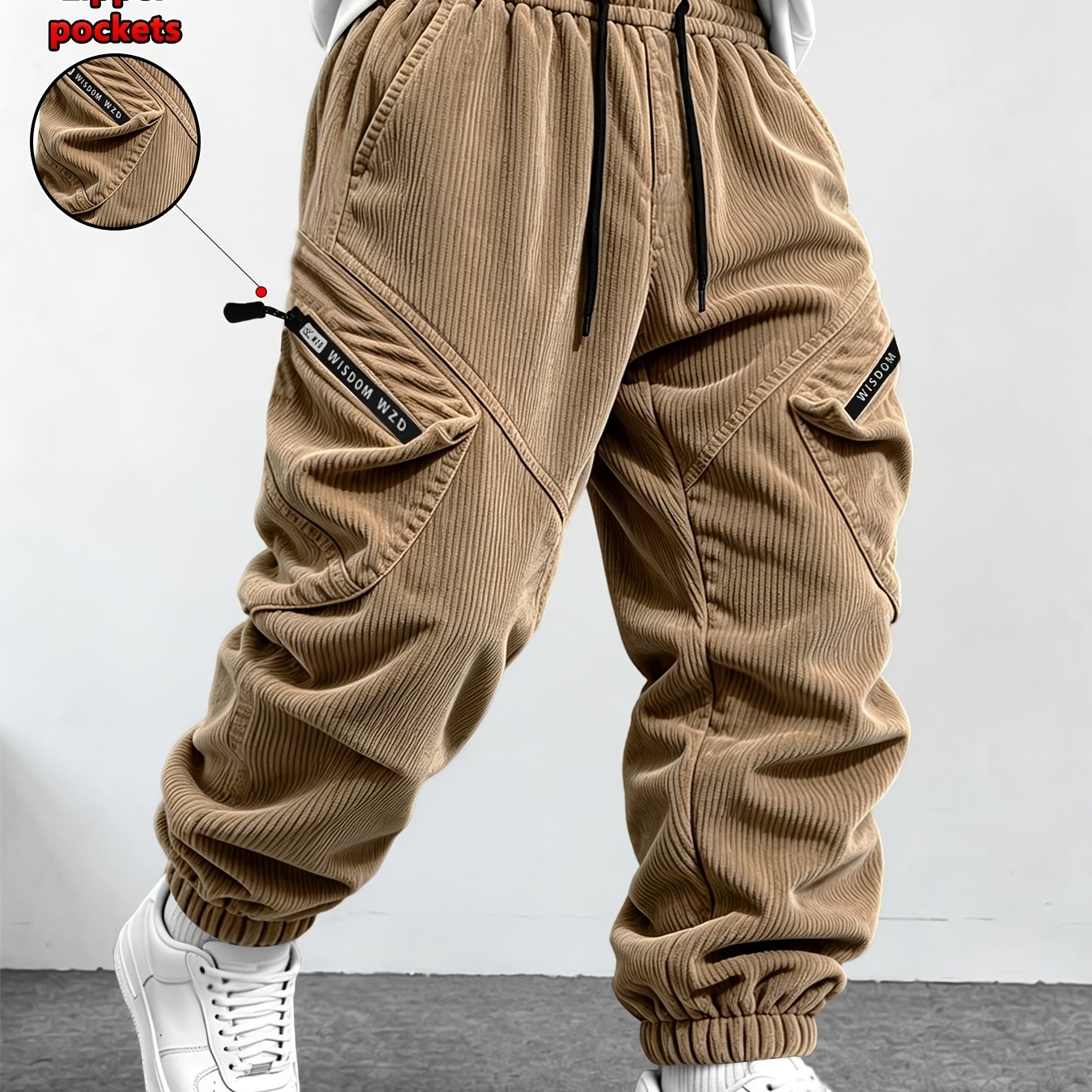 TEMU Men's Corduroy Cargo Pants With Adjustable Drawstring Waist & Zippered Pockets - Large Cargo Corduroy Jogger Pants Suitable For Streetwear,