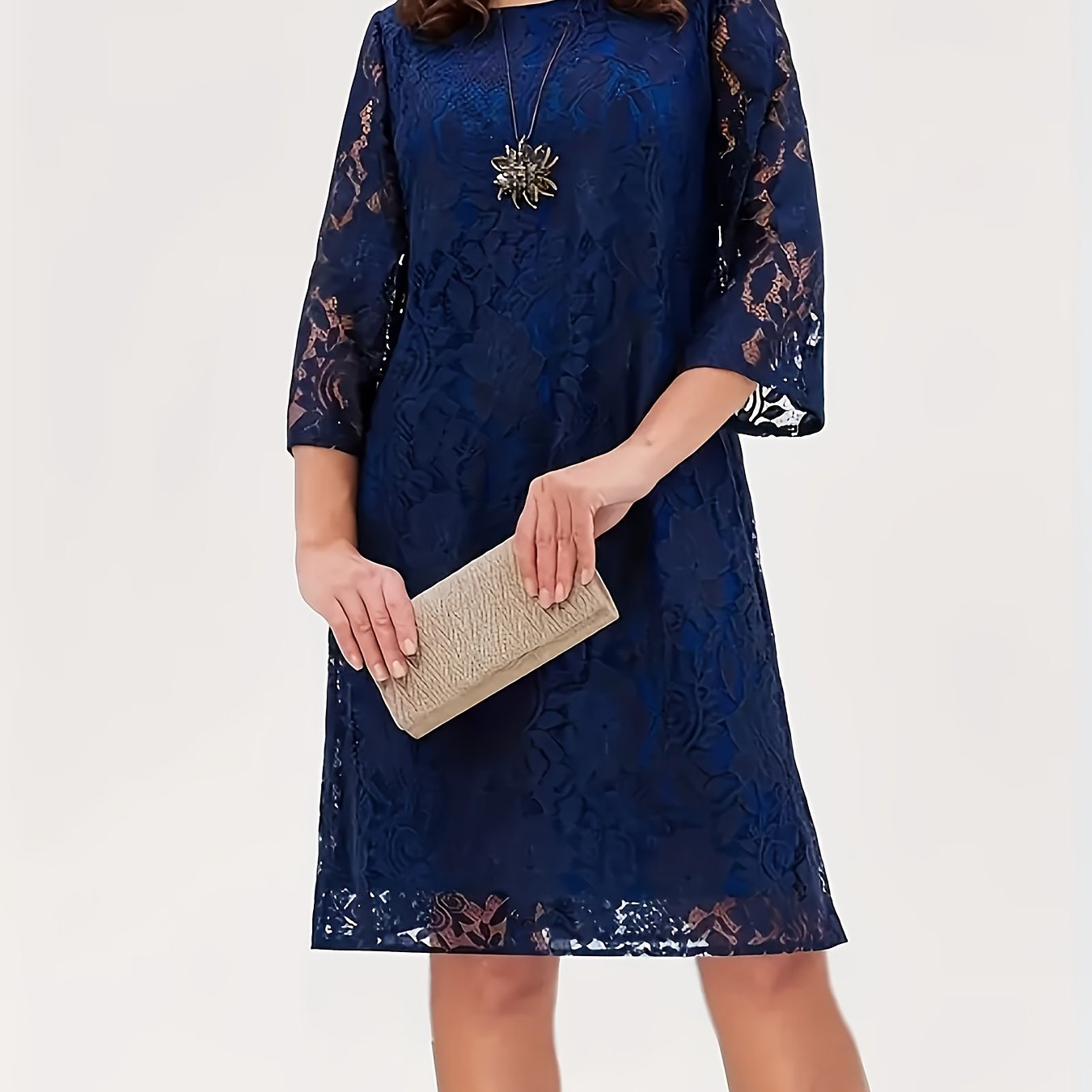 Yd88 Elegant Navy Blue Contrast Lace Midi Dress Women's - Round Neck, 3/4 Sleeve, A-line Silhouette, Intricate Floral Pattern, Hand Wash , Suitable For Casual Or Formal Occasions, Lace Dress