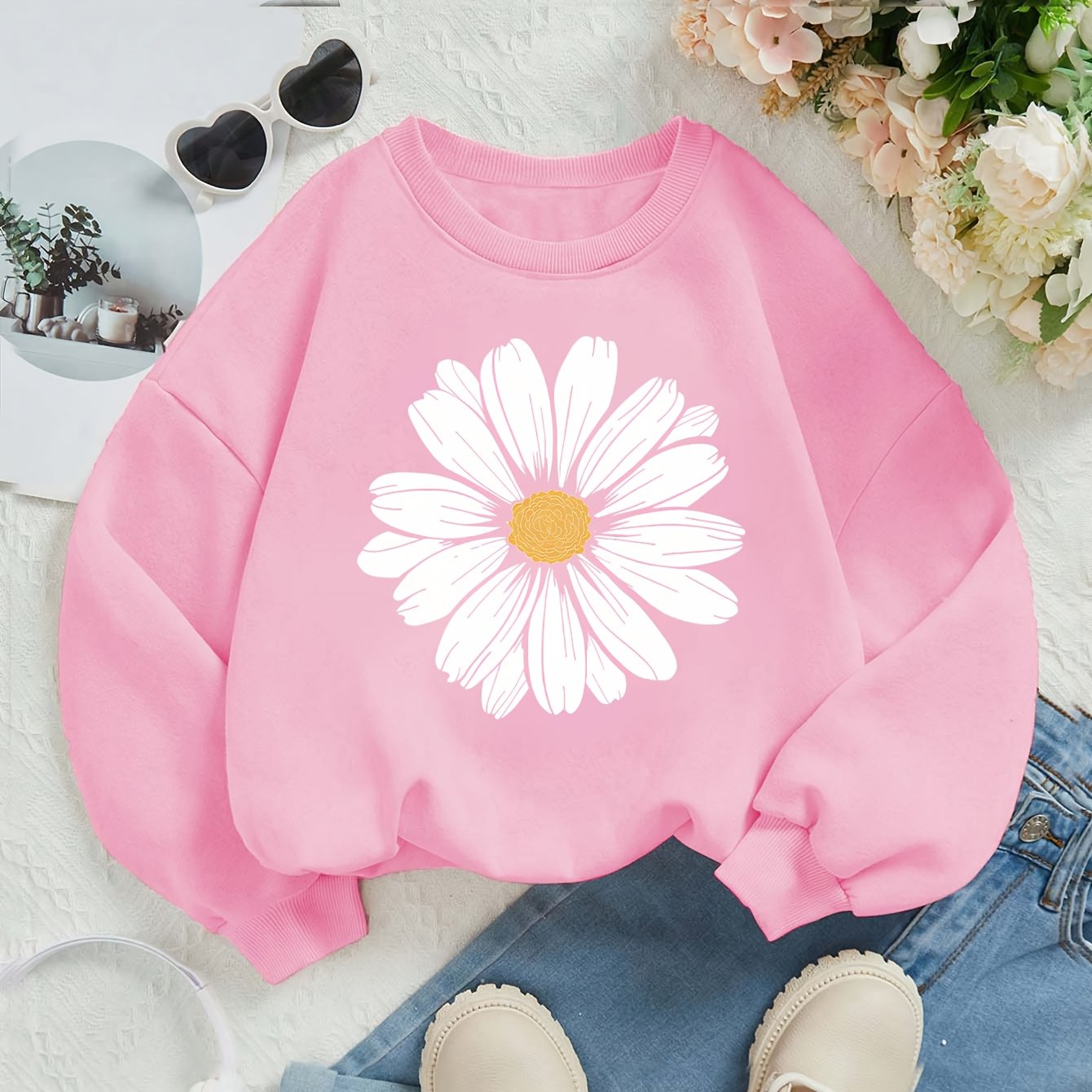 Image of Daisy Print Trendy And Versatile Sweatshirt For Spring And Autumn, Christmas, Halloween