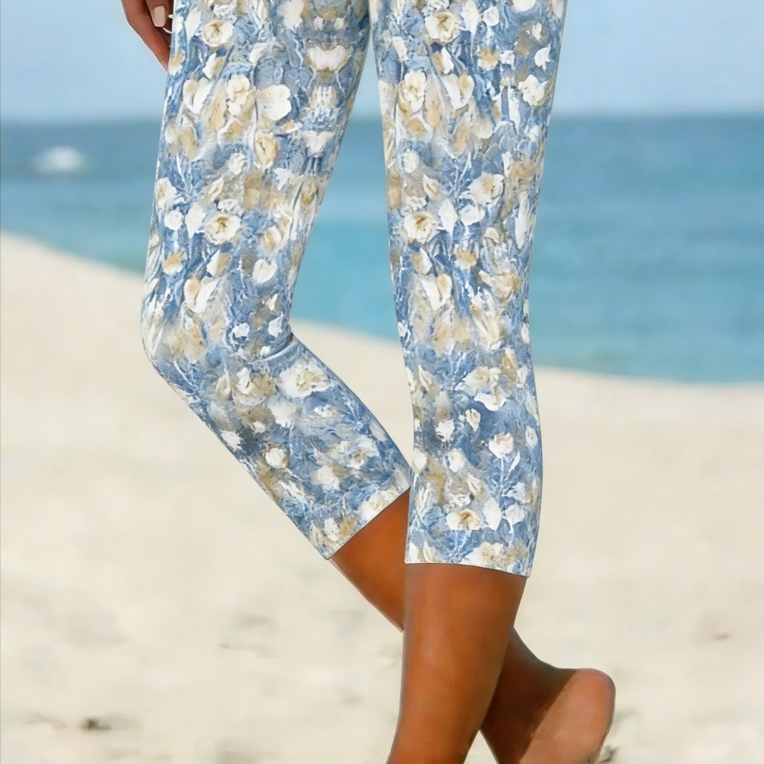 TEMU Women's Cropped Pants, Women's Leggings, Geometric Floral Print, Women's Mid-length Resort Style, Women's Stretchy Skinny Pants - Casual And
