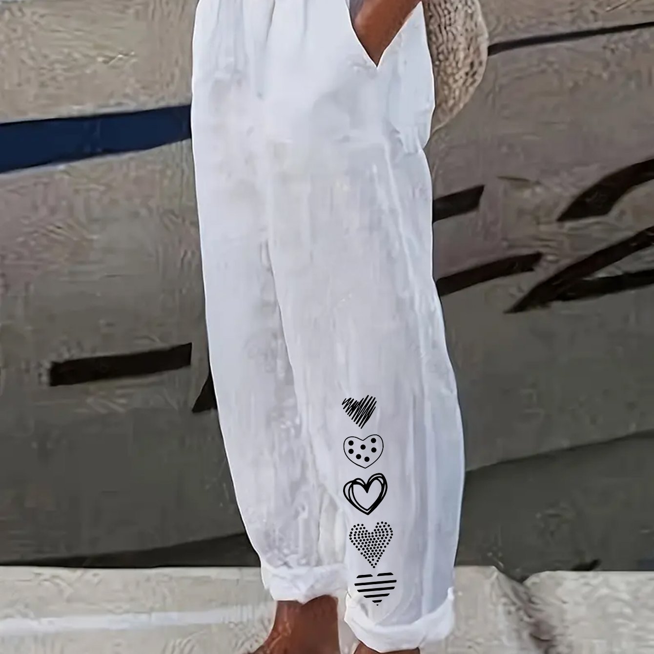 Trendy Minimalist White Fabric Casual Pants For Women Featuring Heart Prints