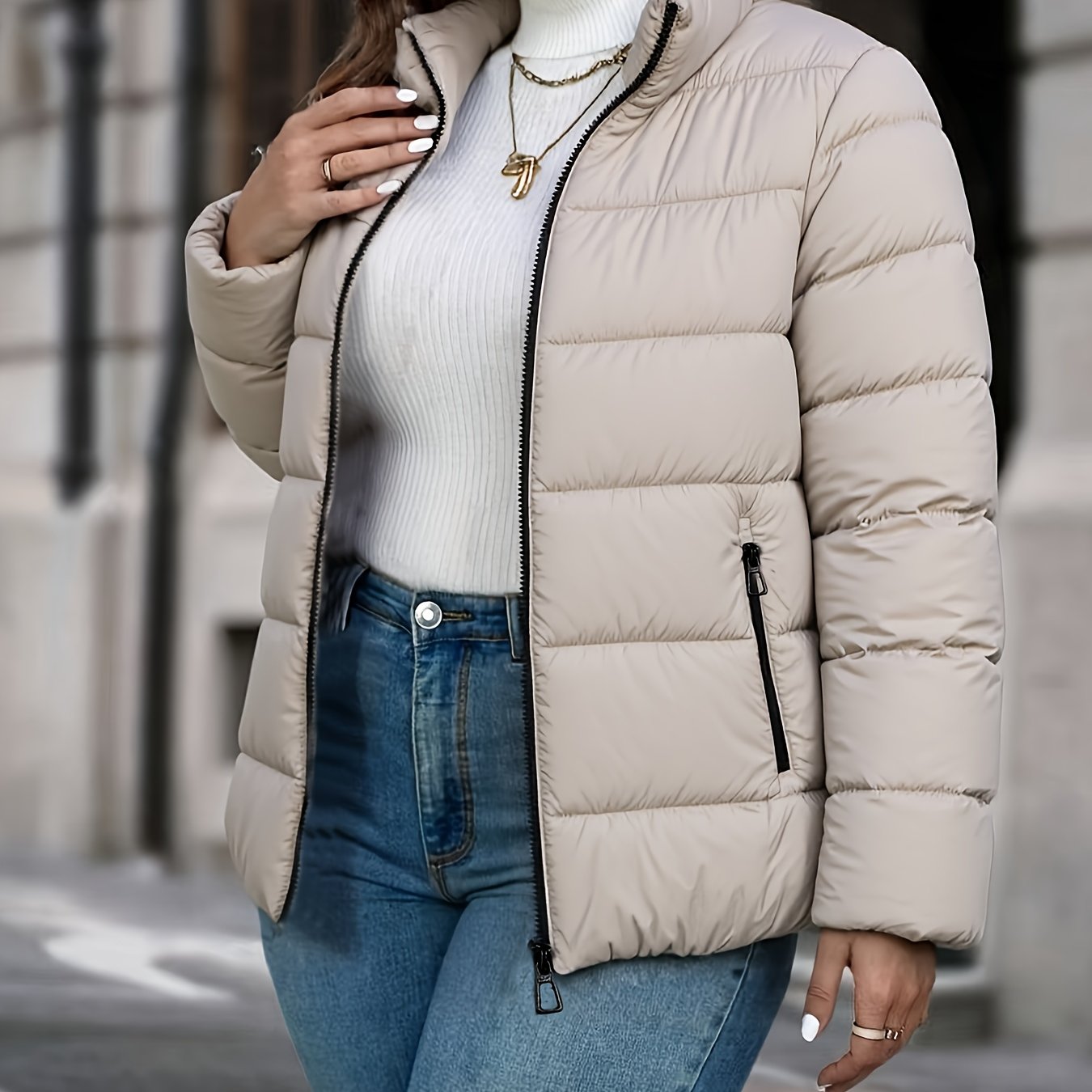 TEMU Elegant Fashionable Women's Jacket | Non-stretch, Solid Color, Long Sleeve, Regular Fit With Stand Collar And Zipper Detail - Ideal Christmas