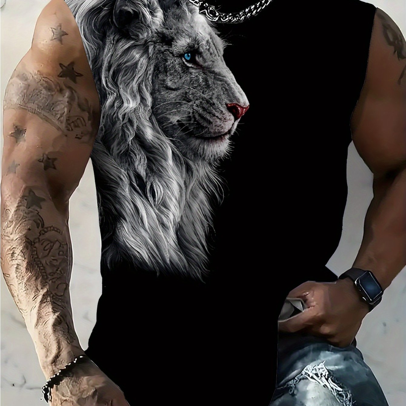 TEMU [print Design Texture] Men's Sleeveless Sports Vest, Trendy Lion Print Fitness Training Casual Vest - Big And Tall, Plus Size