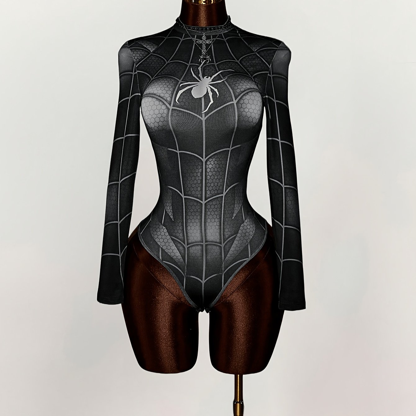 TEMU Women's Spider Print Long Sleeve Halloween Bodysuit, Spider Web Bodysuit