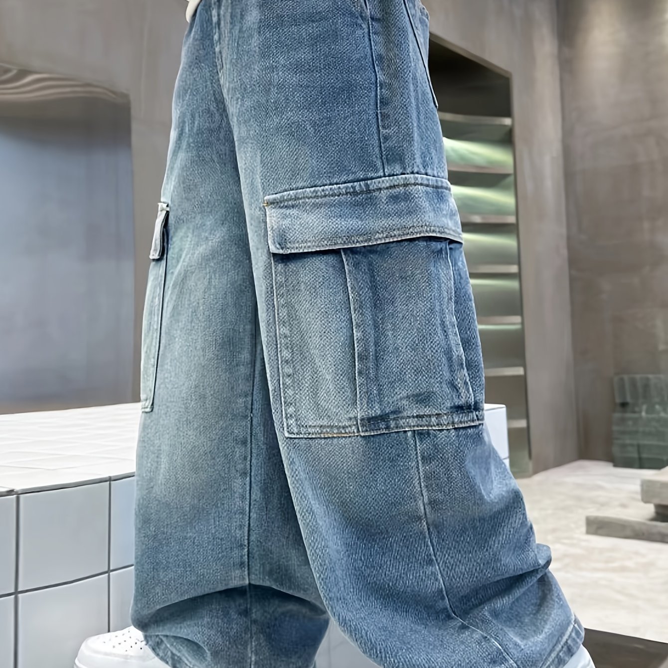Medium-large Boys' Retro Washed Loose Straight-leg Casual Wide-leg Long Jeans
