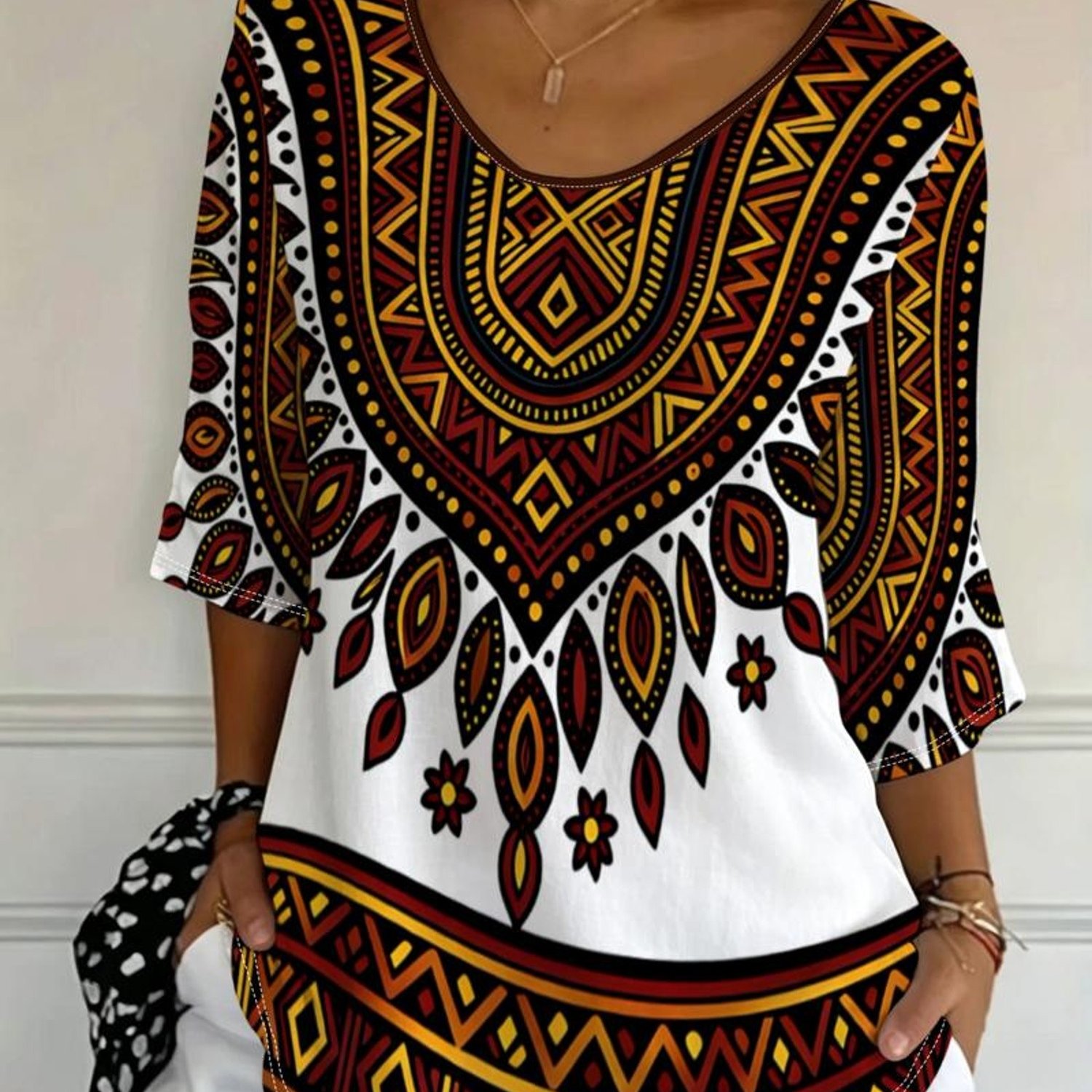 TEMU Plus Size - 2026 Summer New Plus Size Women's V-neck 3/4 Sleeve T-shirt, Loose And, Versatile Basic Top, Fabric, Tribal Style Pattern, , , Mixed
