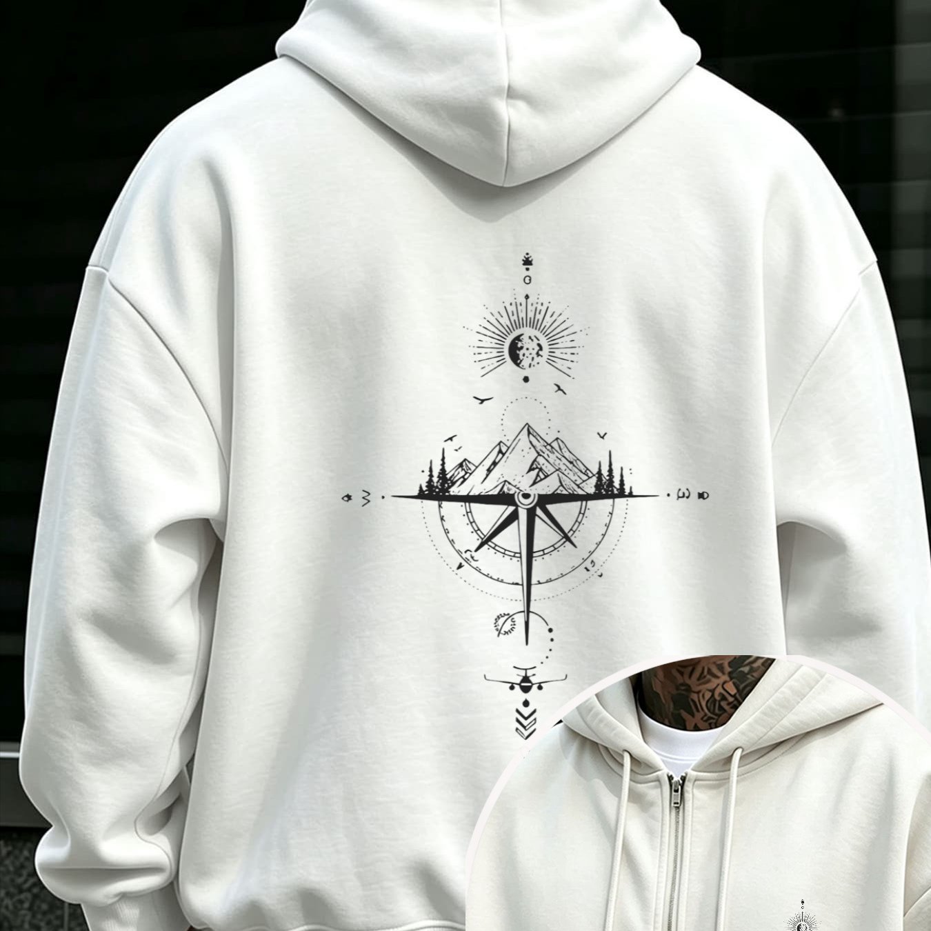 Image of Unisex Ultra Oversized Lightweight Hooded Sweatshirt, Super Loose Fit Thin Fabric Pullover With Back Geometric Compass Print, Zip Pocket Streetwear Casual Autumn Winter Top For Men And Women