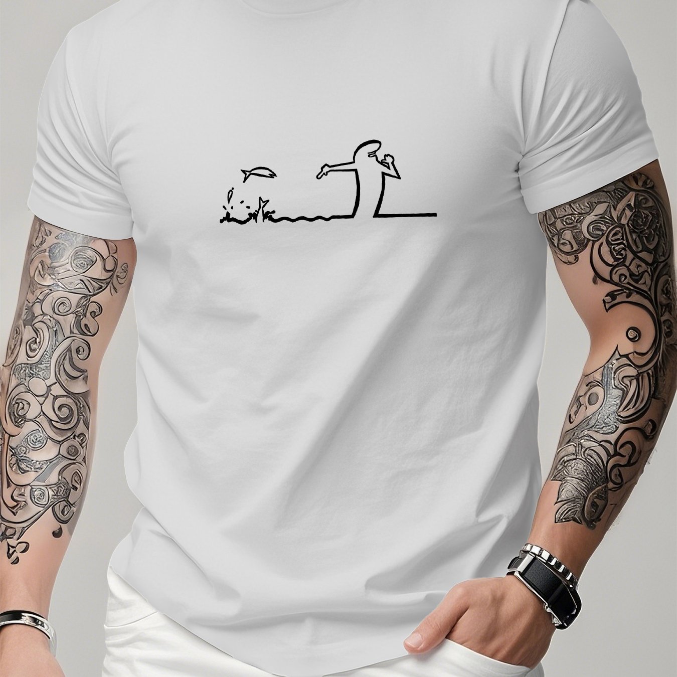 Men's Casual Sports Fashion Short Sleeve Shirt, , Elastic , Suitable For Sports, Travel, Casual Daily Wear- Regular Fit Round Neck, Knit Fabric, Graphic Tee, Men's Fashion Short Sleeve With Print