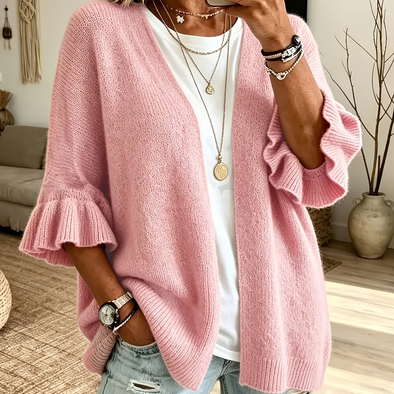 TEMU Women's For Lotus Sleeve Cardigan, Loose Buttonless Soft Sweater Outerwear, Spring And Autumn Casual Outer Top