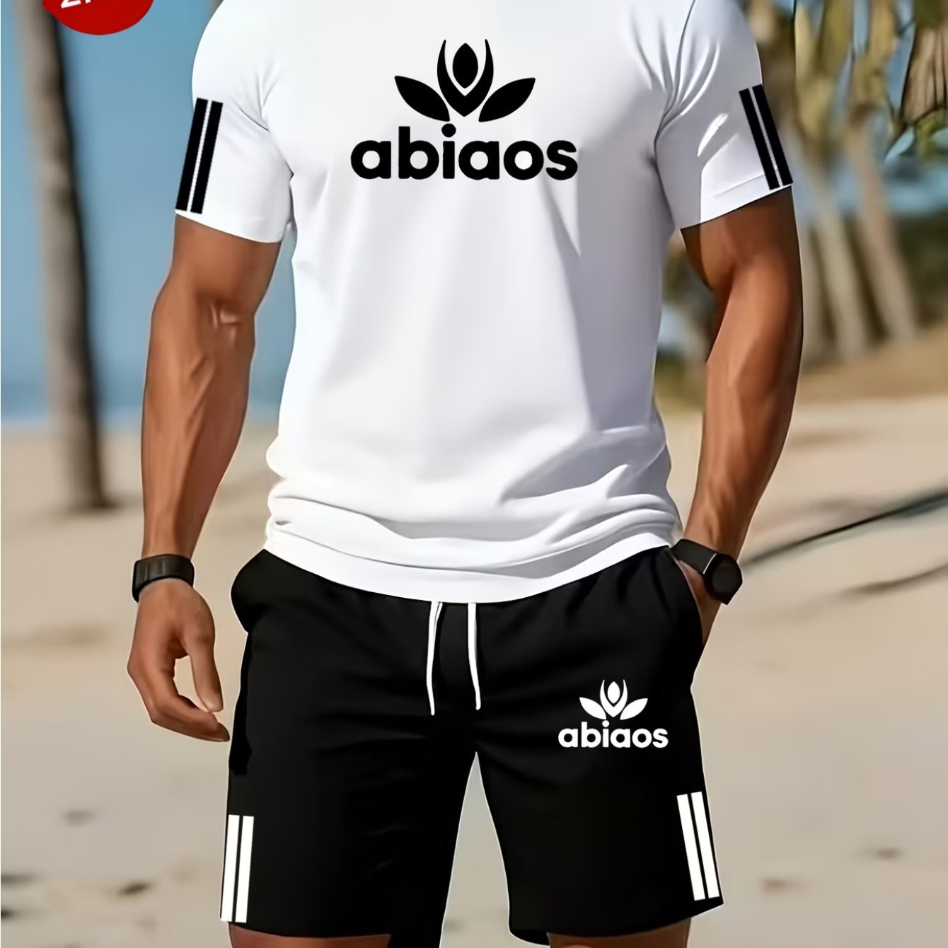 TEMU Men's 2pcs Set: Abiaos For Lotus Logo Print T-shirt And Shorts Set, Minimalist Sportswear, Black Casual Summer Outfit, Breathable Crew Neck