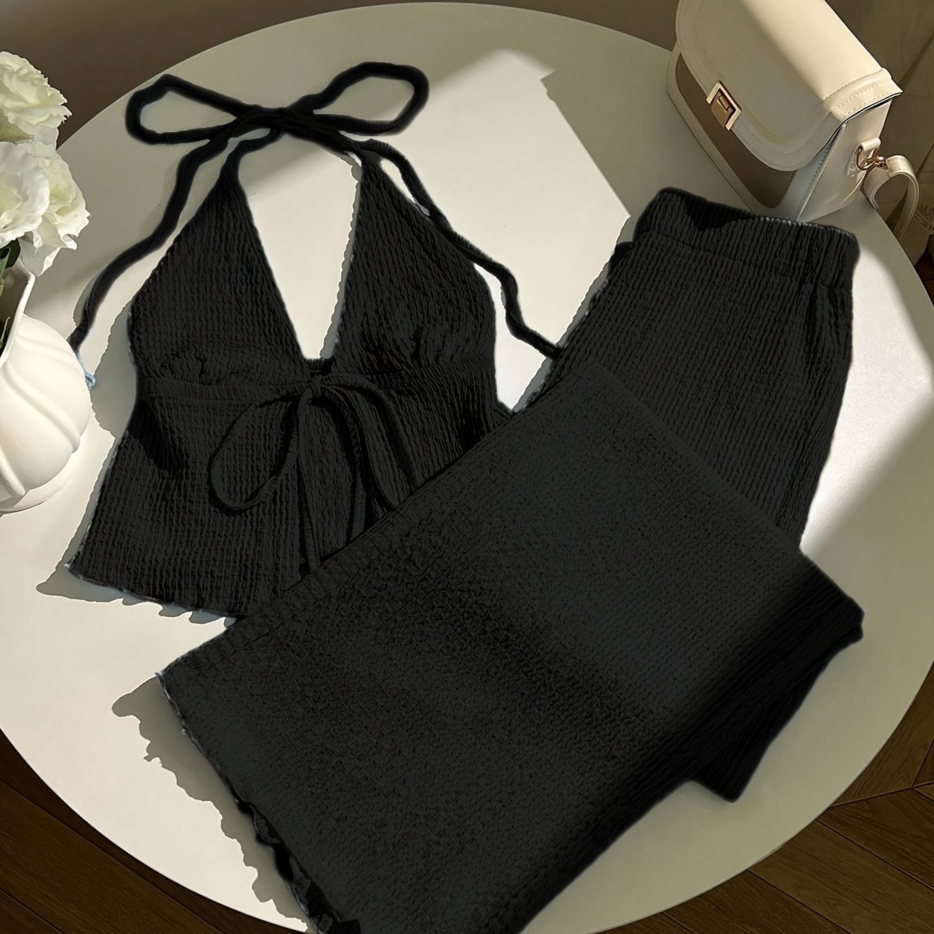 TEMU Elegant Fashion Spring Women's Halter Neck Backless Waist-cinching Top Loose Wide-leg Long Pants Beach Pool Two-piece Set Asd1