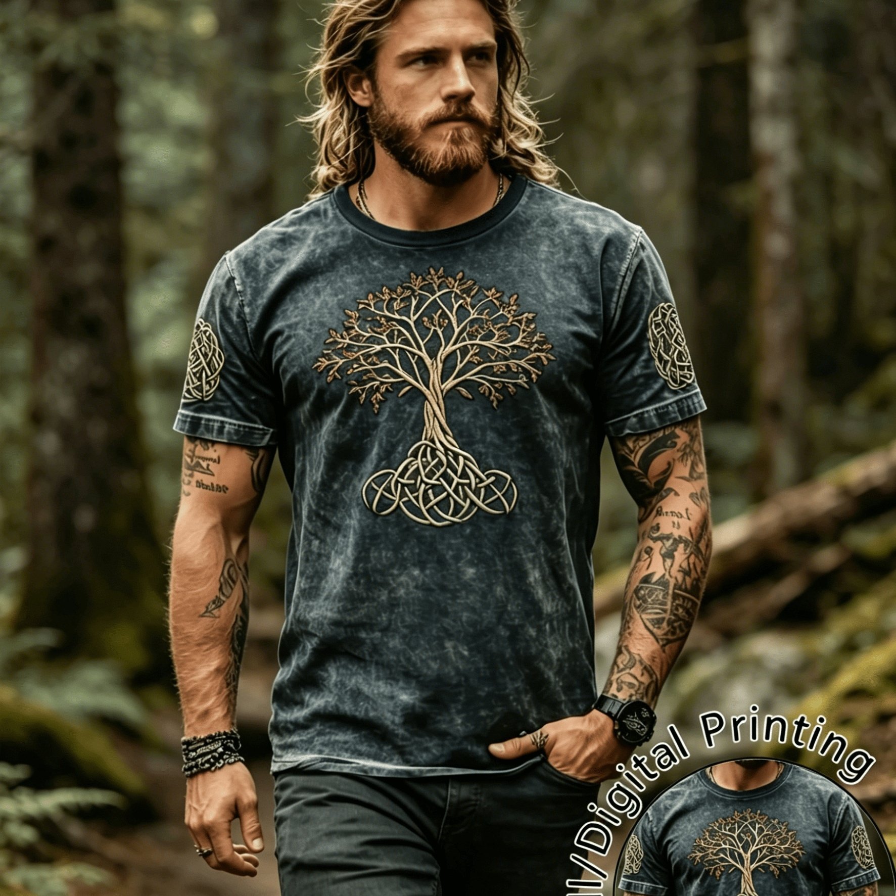 TEMU Men's Celtic Tree Of Life T-shirt - Dark Gray Vintage Ethnic Short-sleeve Round Neck Casual Summer Top With Celtic Patterns, Machine Washable