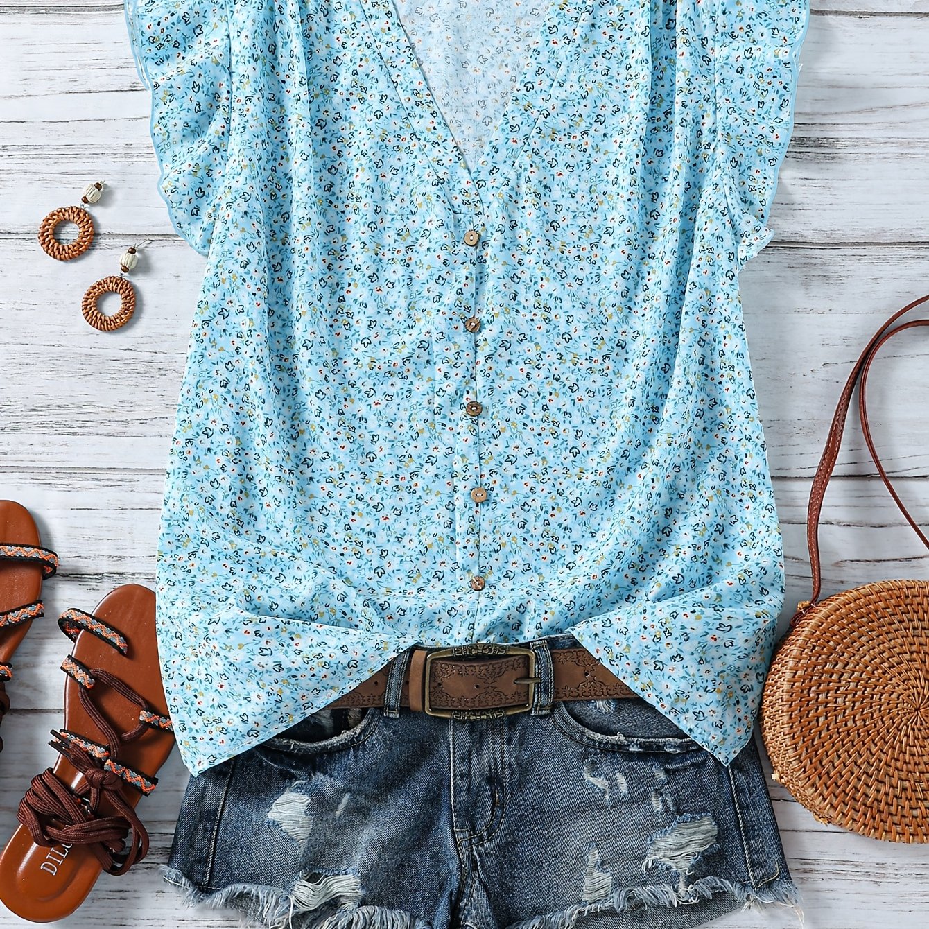 TEMU Plus Size, Women's Plus Size V-neck Printed Shirt With Button Decoration And Flying Hem Sleeves