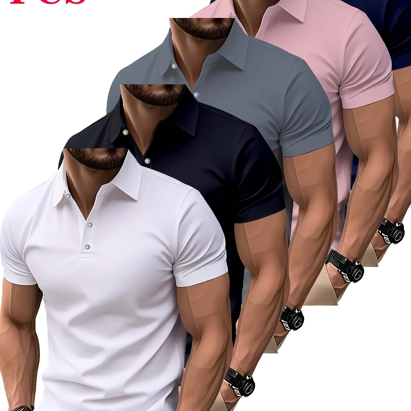 TEMU Men's 5pcs Solid Color Shirts - Summer Short Sleeve Collar Button-up Casual Business T-shirt Tops, Breathable Machine Washable Fabric, For