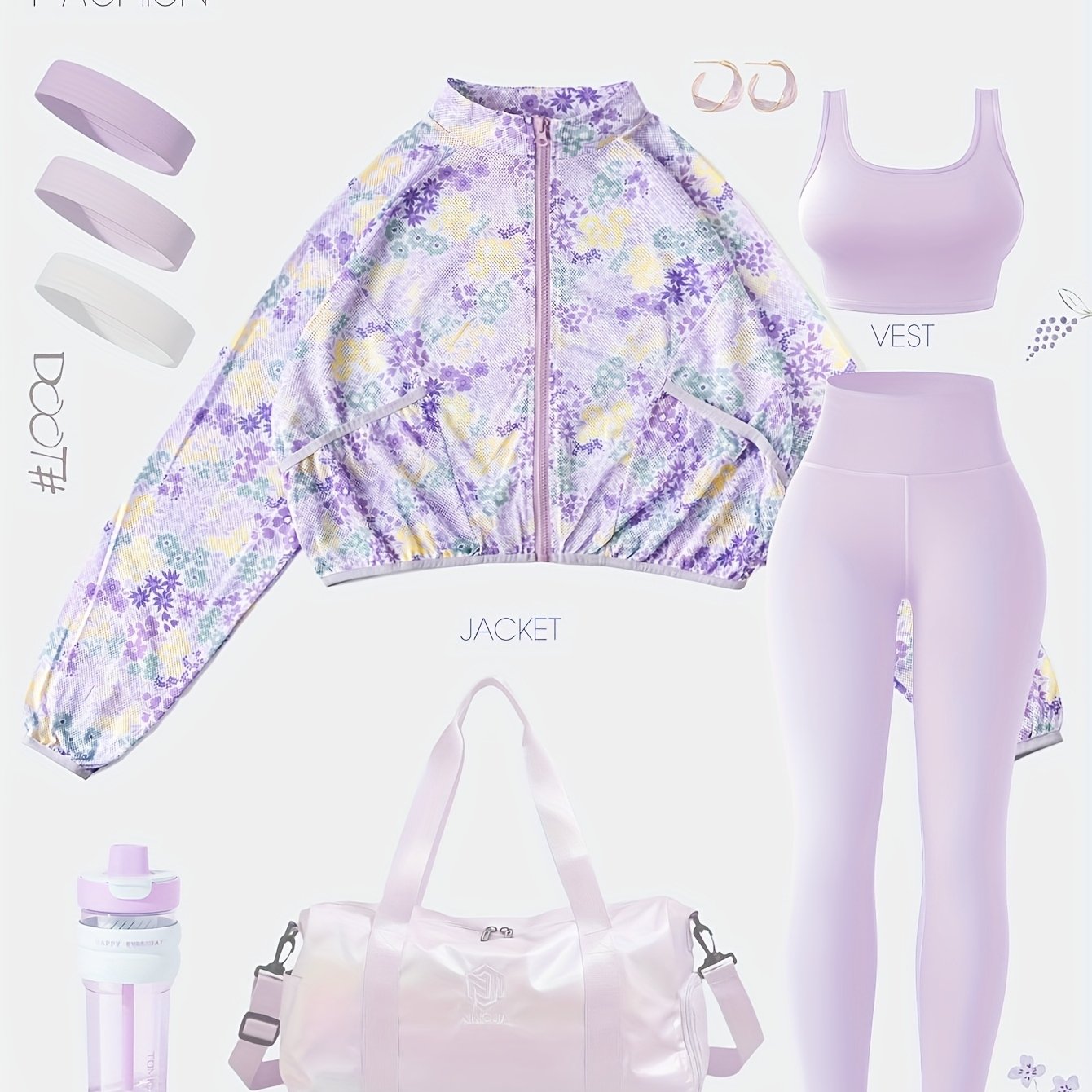 E-shop 3-teiliges lila gefüttertes Yoga-Bekleidungsset: Dehnbarer Sport-BH, Leggings mit hoher Taille Sweatshirt mit durchgehendem Reißverschluss –