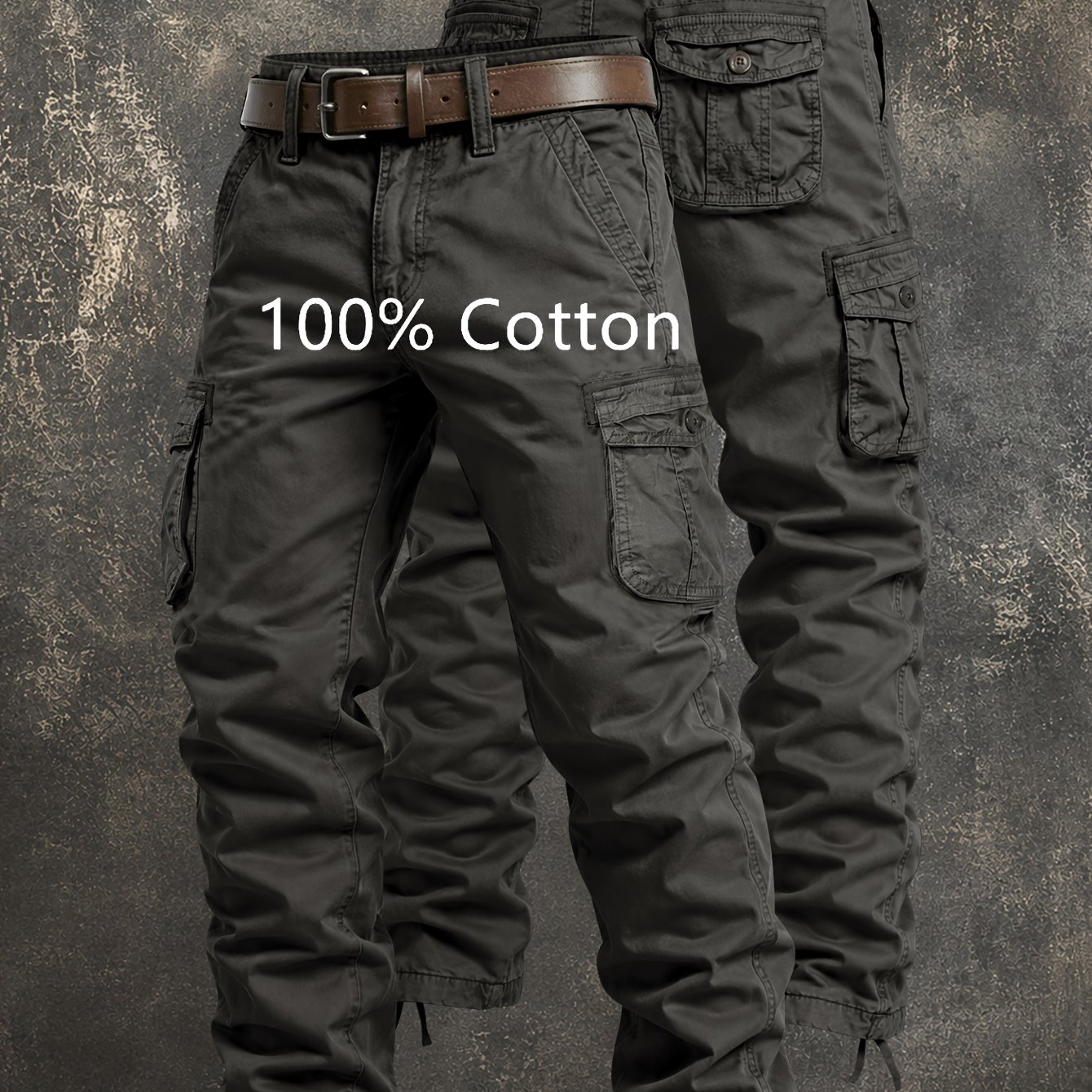 Image of 100% Cotton Men Washed Cargo Trousers Flap Multi Pockets Straight Leg Wear-resistant Outdoor Work Casual Pants