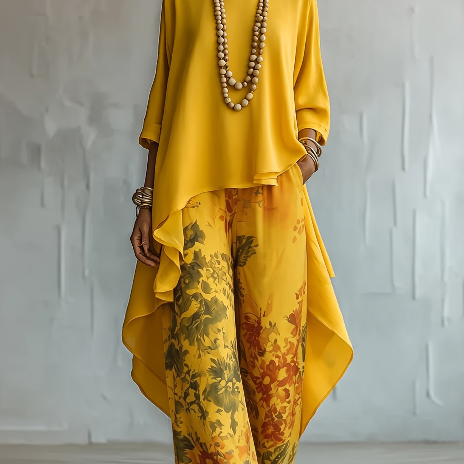 TEMU 1 Asymmetrical/irregular Top And Matching Printed Wide-leg Pants In Same Color Family, Flowing Bohemian , Long 3/4 Sleeve Top And Printed Loose