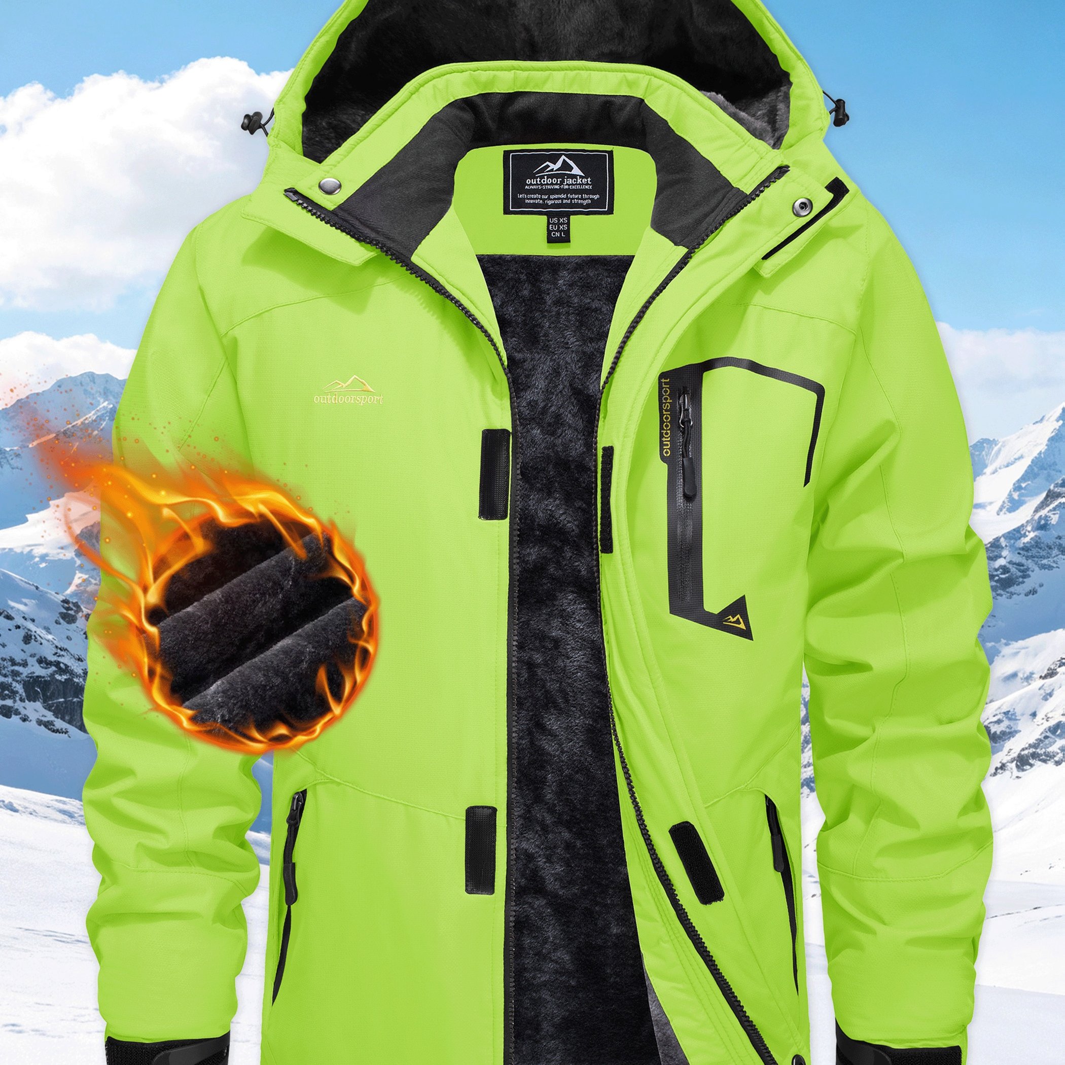 Image of Men's Winter Ski Jacket Thermal Fleece Jacket Coats Warm Outdoor Snowboard Hiking Parka Chest Pockets Hooded Jogging Camping Fishing Climbing Casual Windbreaker