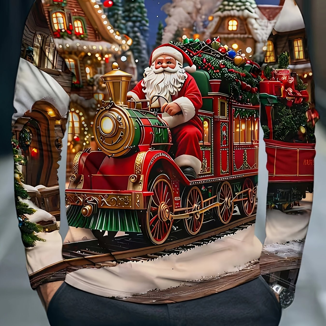 TEMU Christmas Print Men's Long Sleeve T-shirt Made Of Polyester Fiber, Casual And Stylish, Comfortable Top For Holiday Parties And Everyday Wear,
