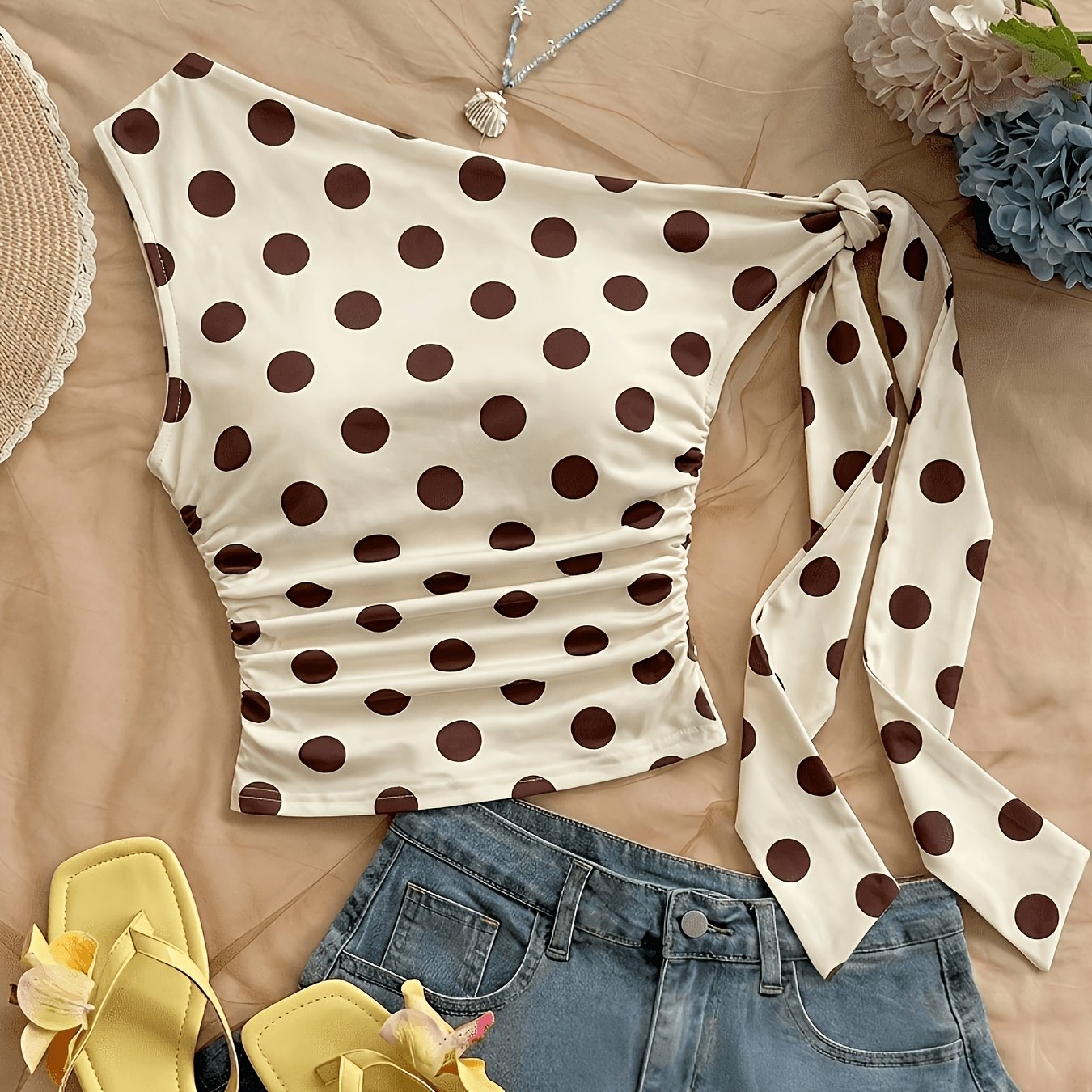 TEMU Casual, Minimalist, Elegant, And Romantic Vintage Polka Dot Print Pattern, Suitable For Music Festivals, , And Vacation Wear. Women's Summer Top