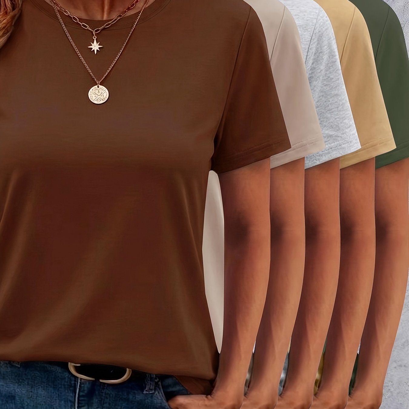 TEMU Solid Color 5pcs Set Fiber Fabric Crew Neck Short Sleeve T-shirt, Suitable For Spring And Summer Wear, A Loose And Casual Is Comfortable And
