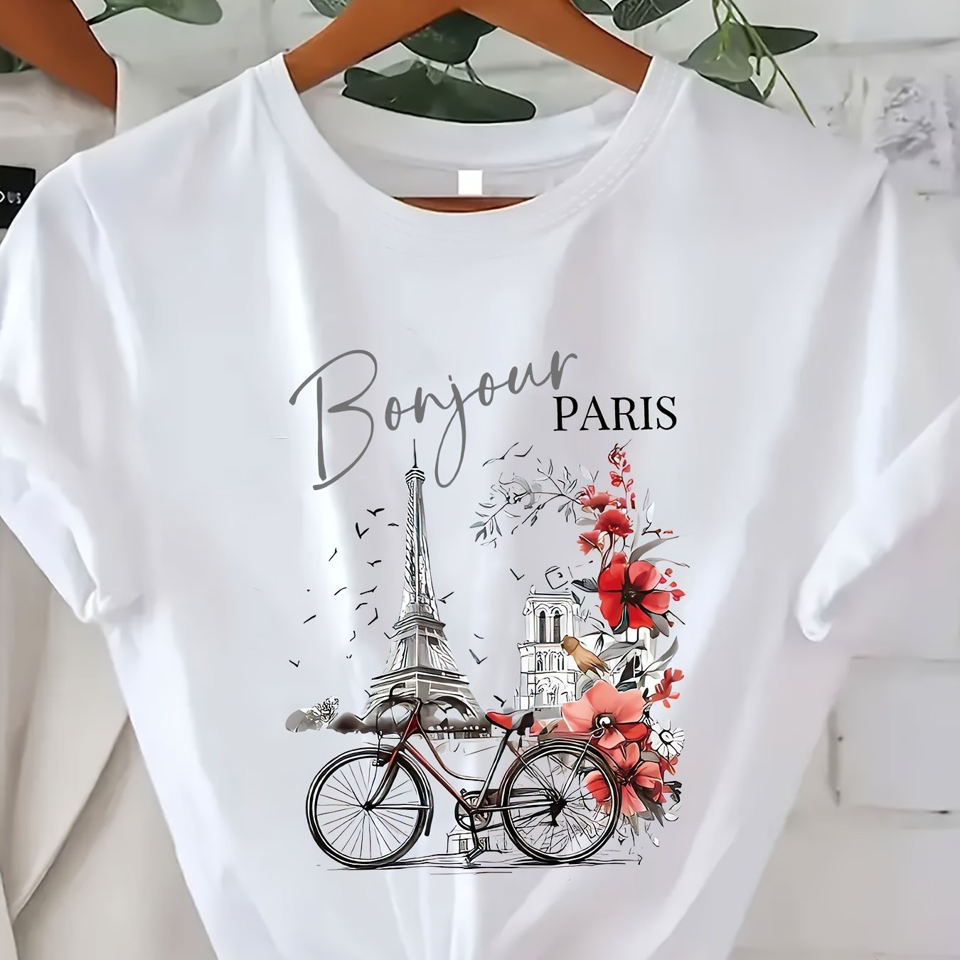 Image of Plus Size - Plus Size - Vibrant Paris Printed Crew Neck T-shirt - Soft, Breathable, Short-sleeve Casual Top, Perfect For Summer And Spring - Plus Size Women's Clothing