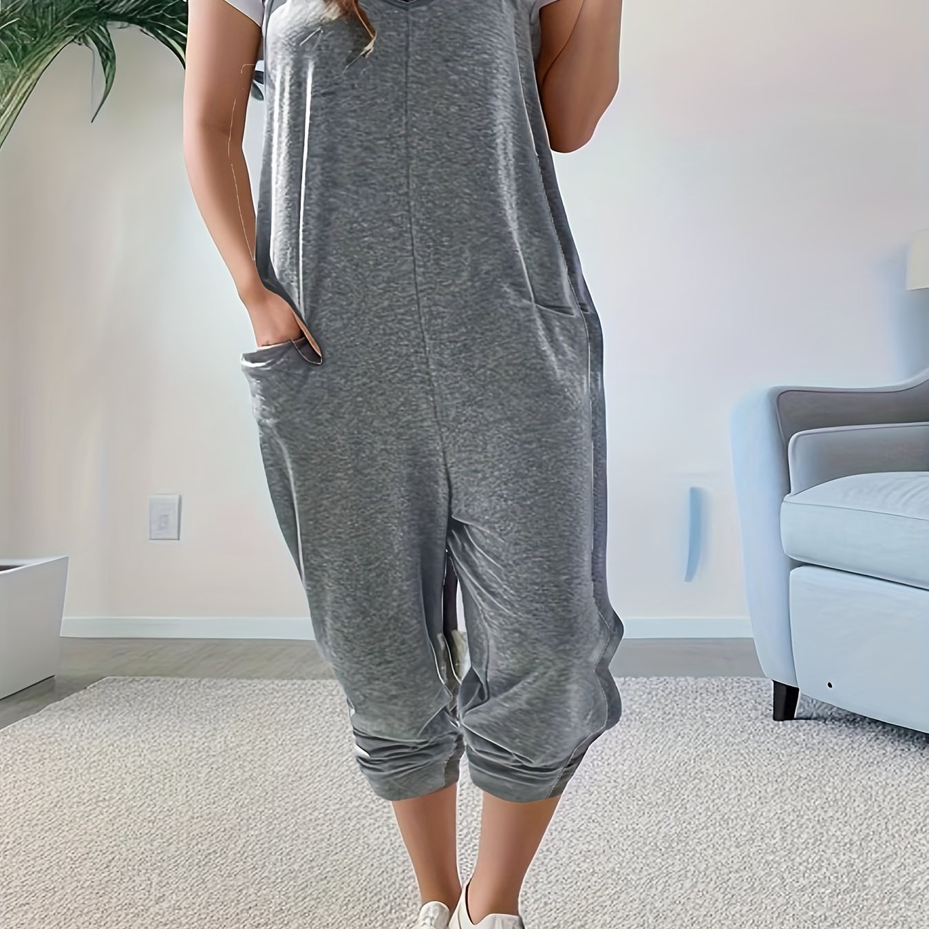 Image of Plus Size, European And Size Women's V-neck Suspender Jumpsuit With Pockets, Simple , Loose Fit Flattering Summer Daily Commuter Pants