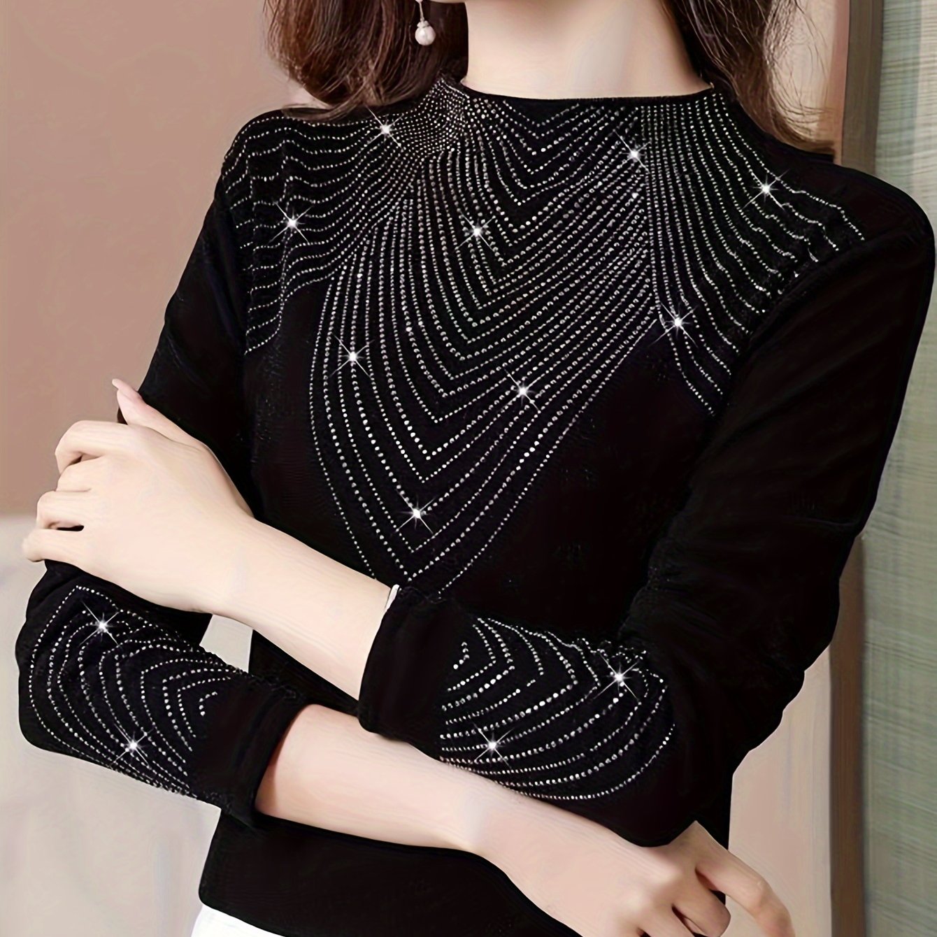 TEMU Women's Collar Sweater Decorated Rhinestones - Long-sleeved Pullover, For Autumn And