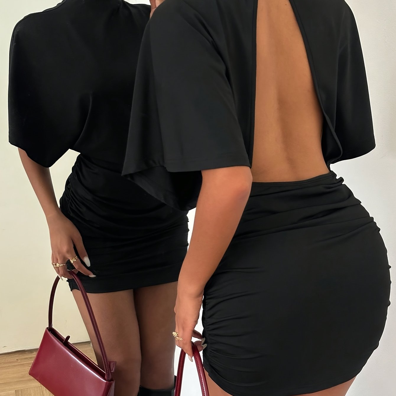 TEMU robe courte d'été pour femme, style français, , , simple, de couleur unie, , dos nu, rehaussant les hanches