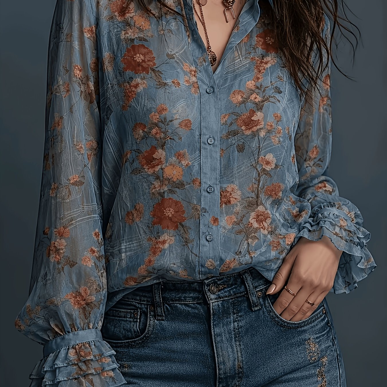 TEMU Floral Print Long Sleeve Shirt, Casual Semi-sheer Versatile Retro Chiffon Front Button-up Sleeves