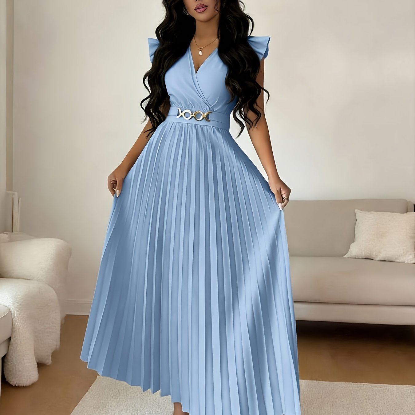 TEMU Women's V-neck Metallic Decor Ruched Bodycon Waist Elegant Date Romantic Fashion Birthday Dress