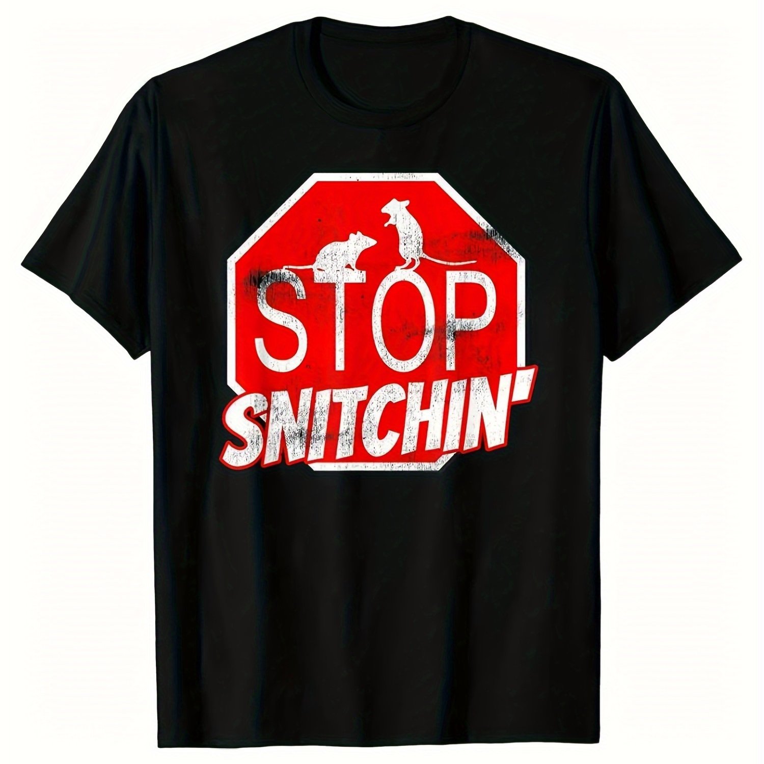 TEMU Stop Snitchin' Graphic Tee - Unisex Black Cotton T-shirt With & , Casual Round Neck Short Sleeve Shirt For Men And Women