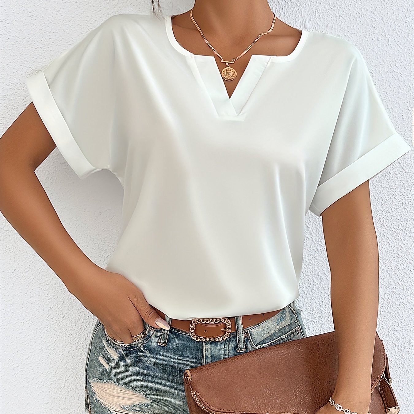 Solid Notch V-neck Shirt, Elegant Short Sleeve Top For Spring And Summer, Women's Wear