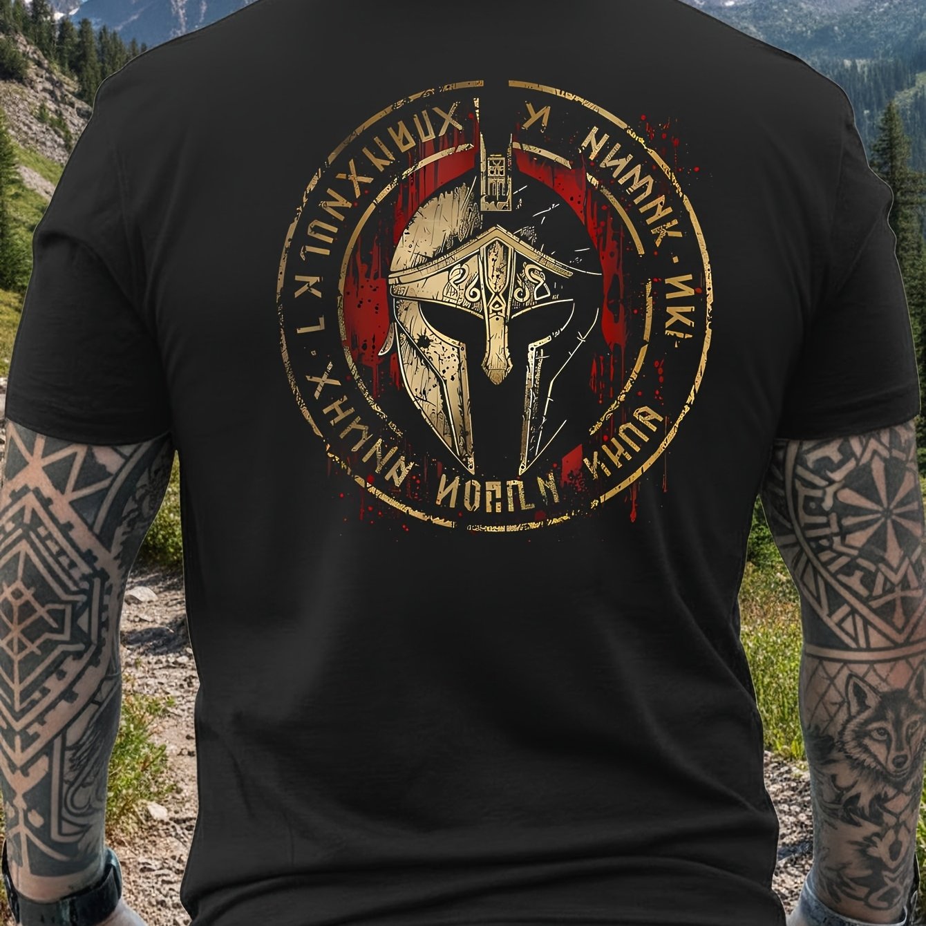 Men's Crew Neck T-shirt Spartan Helmet With Runes Back Print