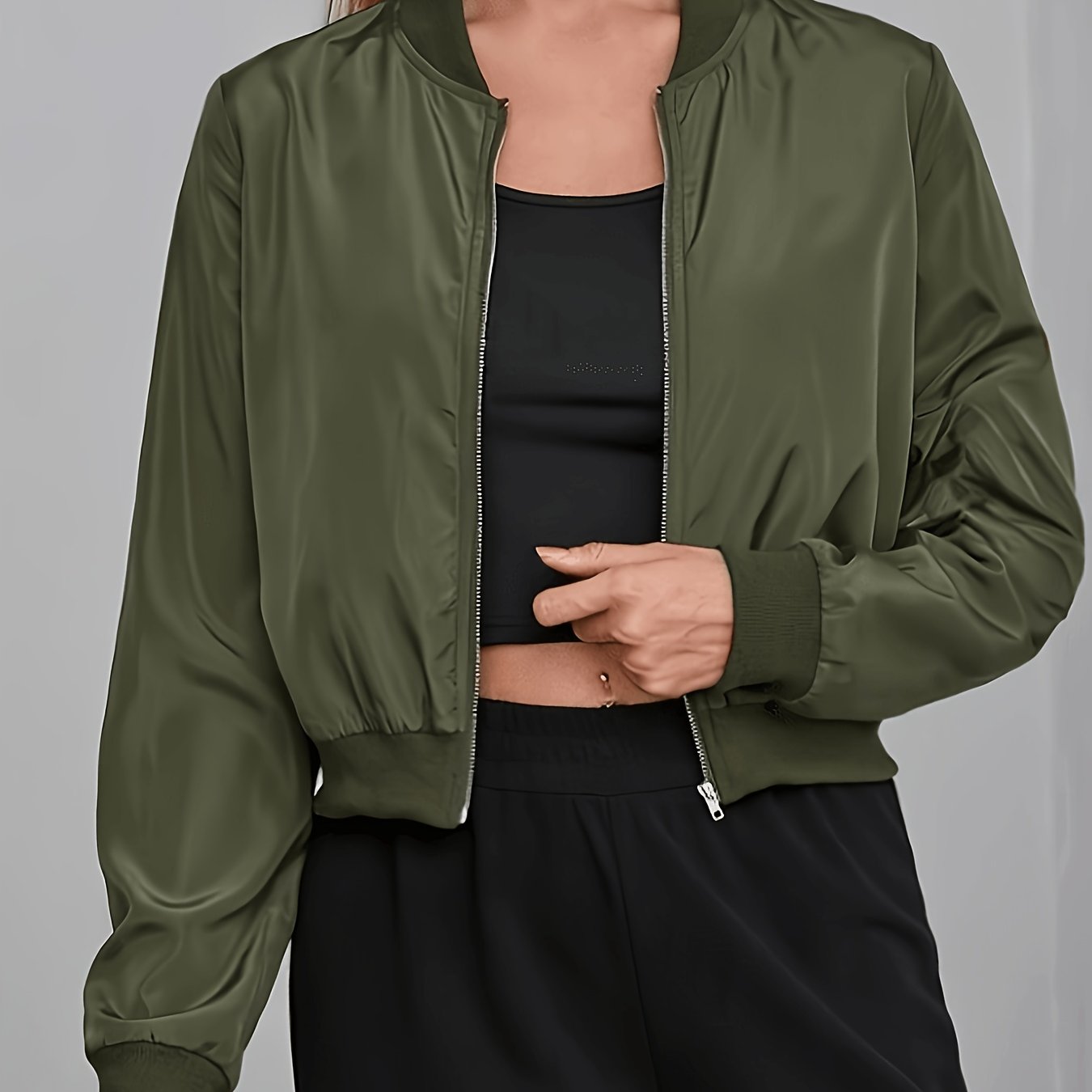 Elegant Women's Jacket - Casual Polyester, Machine Washable, Solid Color With Baseball Collar For Spring/fall
