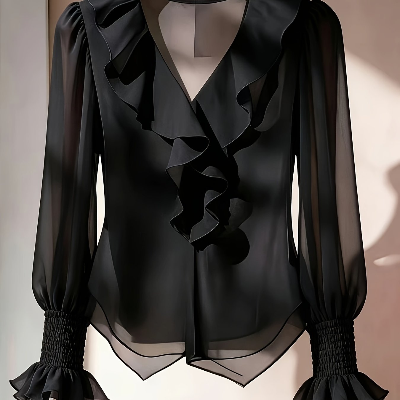 TEMU Chemise à manches longues pour femme, style français, unie avec volants et nouée, haut en mousseline de soie transparente à col en V, pour les