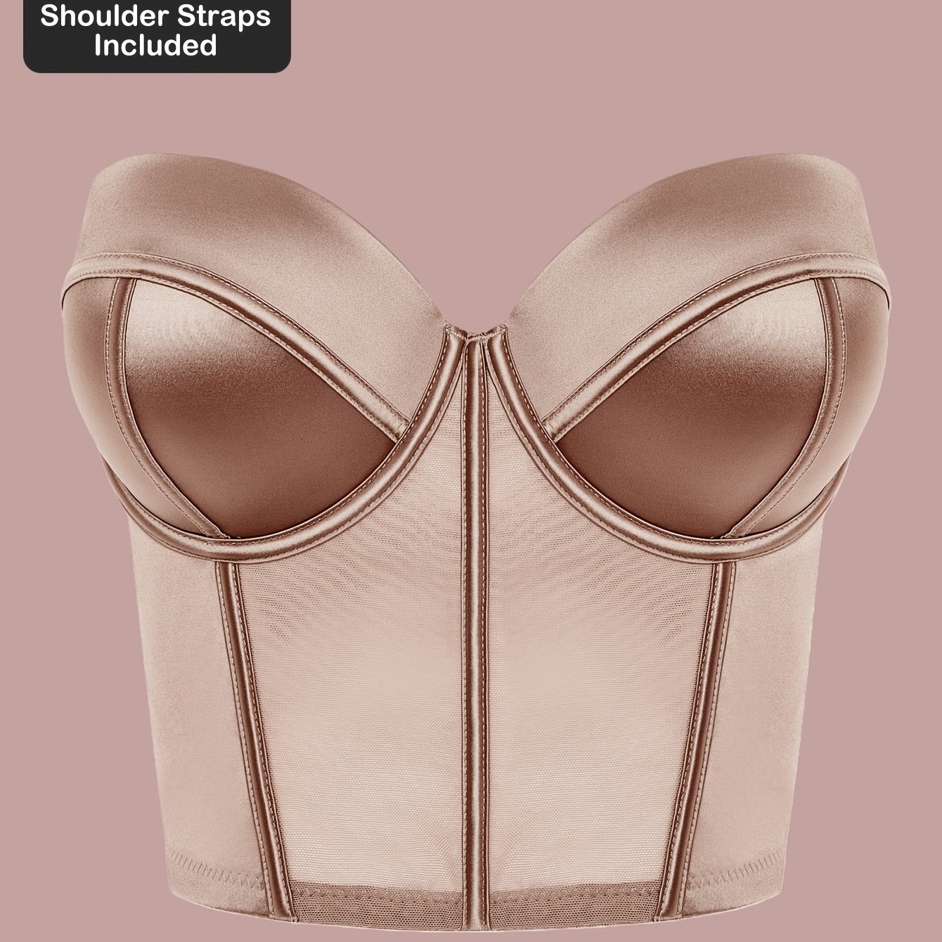 TEMU Plus Size Sexy Shaping Breathable Nude Tight Women's Bra, Oily Satin Strapless Bustier, Removable Straps Elegant Chic Seamless Off-the-shoulder