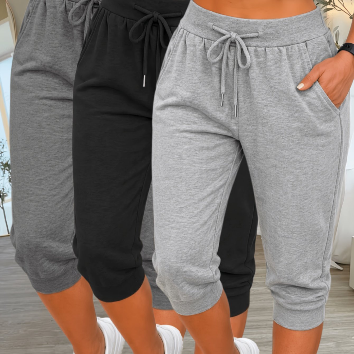 TEMU 3pcs Set Solid Color Drawstring Joggers, Casual Cargo Pocket Pants, Perfect For Spring And Autumn - Women's Clothing