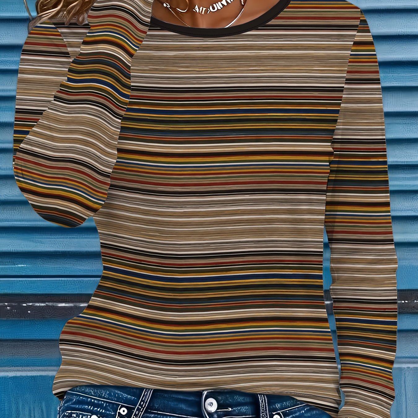 TEMU Women's Elegant Horizontal Stripe Round Neck T-shirt - -compatible Base Suitable For Multiple Occasions, Machine Washable All- Top With Line
