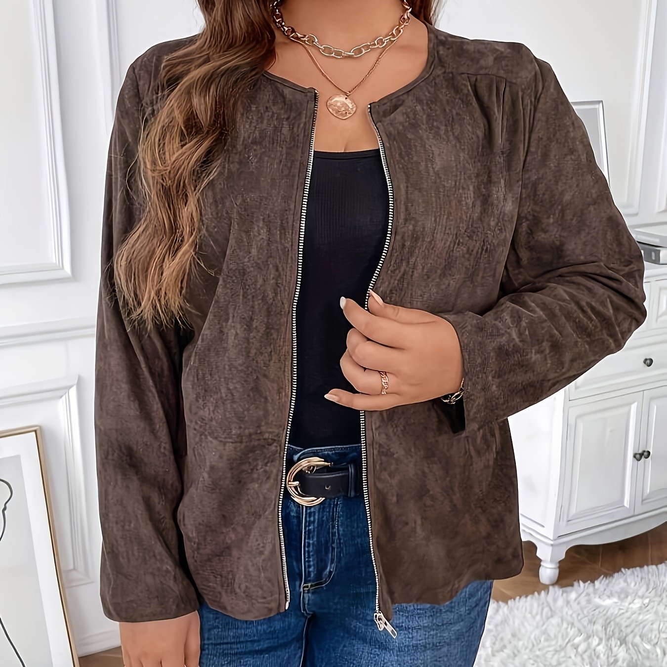TEMU Plus Size - Plus Size - Casual Plus Size Women' Color Long Sleeve Jacket | Crew Neck, Stretch Fabric, Ideal For Fall/winter