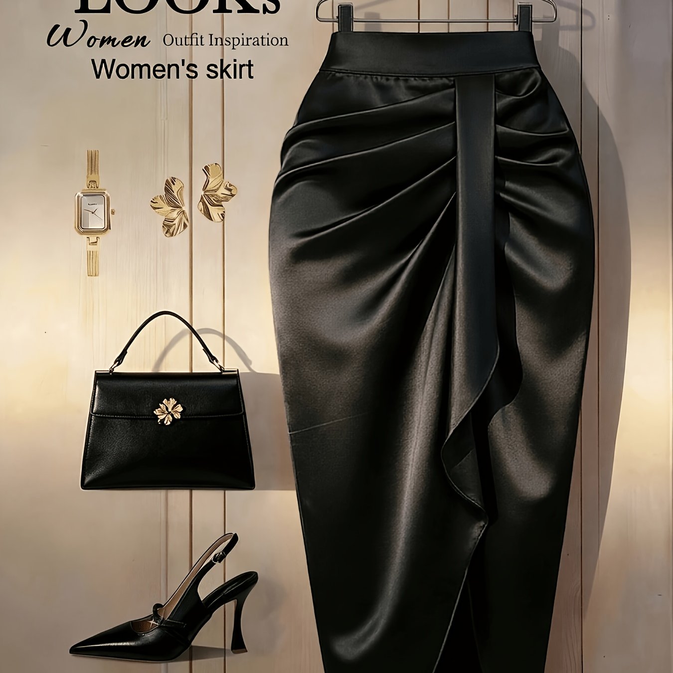 TEMU Women's Elegant Commute Solid Pleated Skirt