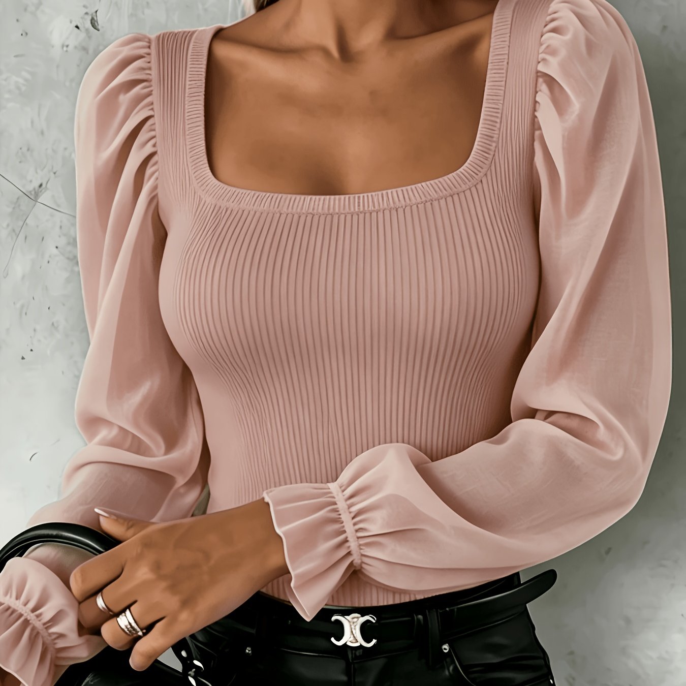 TEMU New Women's Fashionable And Elegant Solid Neck Mesh Puff Sleeve Design Exquisite Top, Chiffon Women's Long Sleeve T-shirt, Autumn/winter