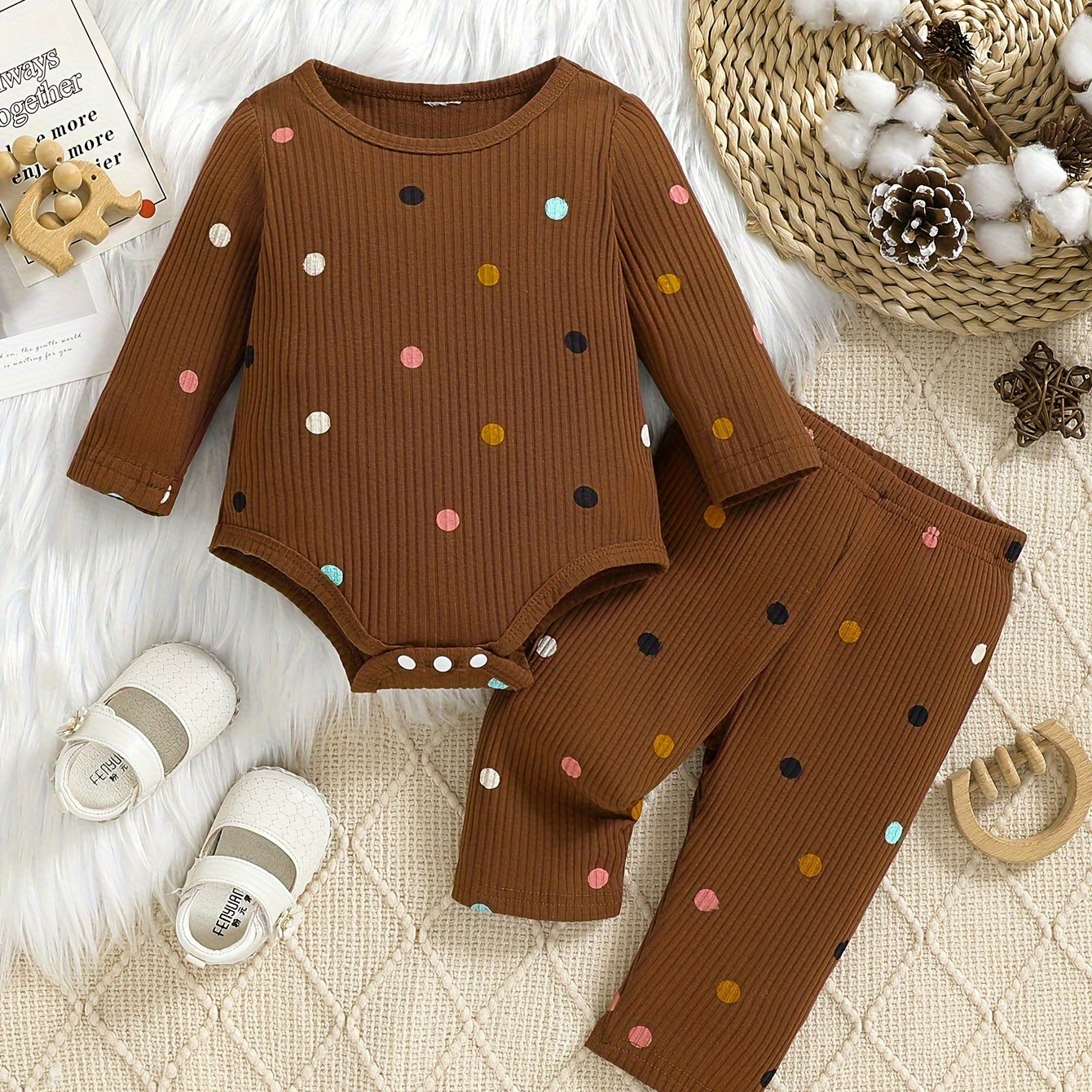 Image of Baby Girl Long Sleeved Cute Colorful Polka Dot Comfortable Printed Jumpsuit Fashionable Pants Casual Set Autumn, For Outdoor