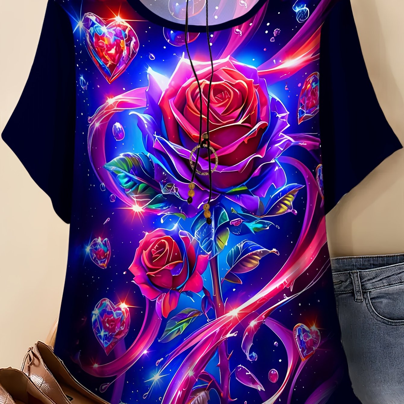 TEMU Plus Size, Plus Size Women's T-shirt With Graphic Print, Round Neck Short Sleeve Summer Top Featuring Starry Sky, Rose, Heart, And Gemstone