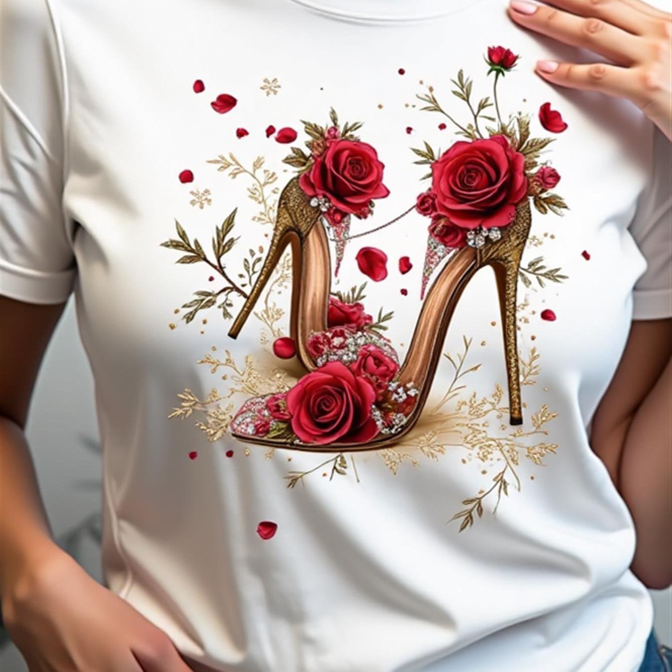 Image of A Women's T-shirt Featuring Red Roses And Golden High Heels Floral Print Design High Quality T-shirt Casual Summer Wear For Daily Gift For