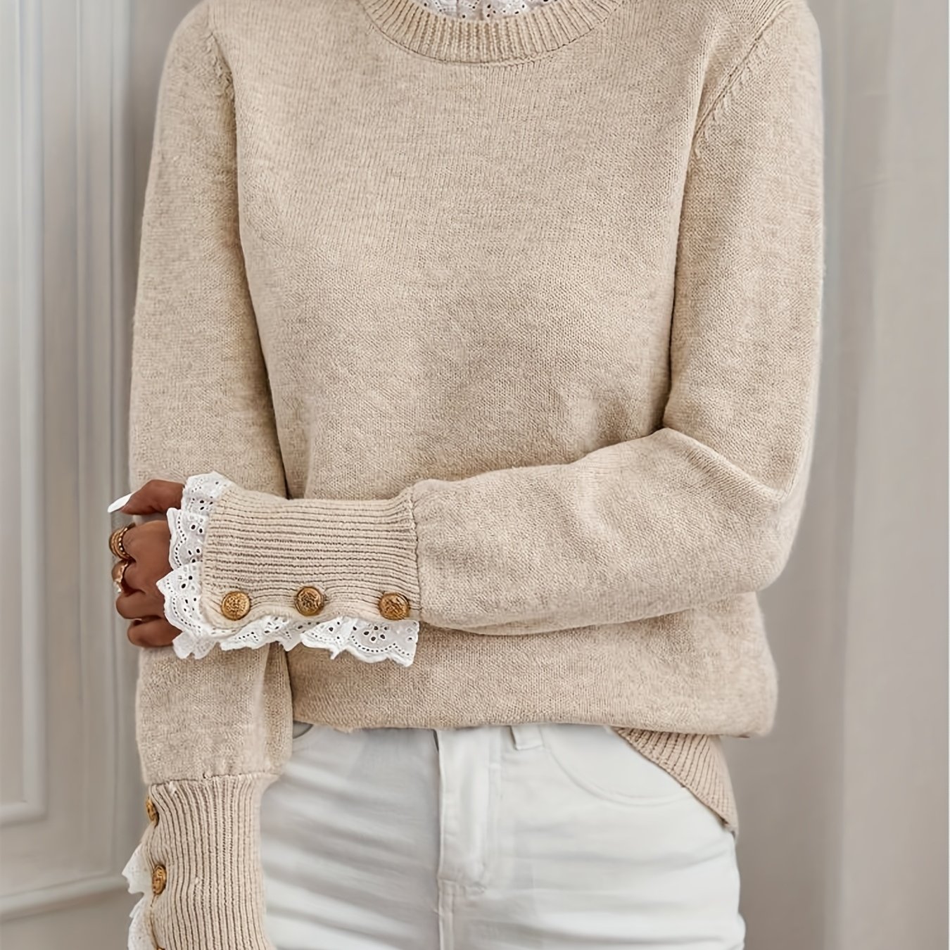 TEMU Autumn And Winter Women's Apricot Lace-trimmed Round Neck Long-sleeved Sweater, Autumn And Winter, Long-sleeved Top