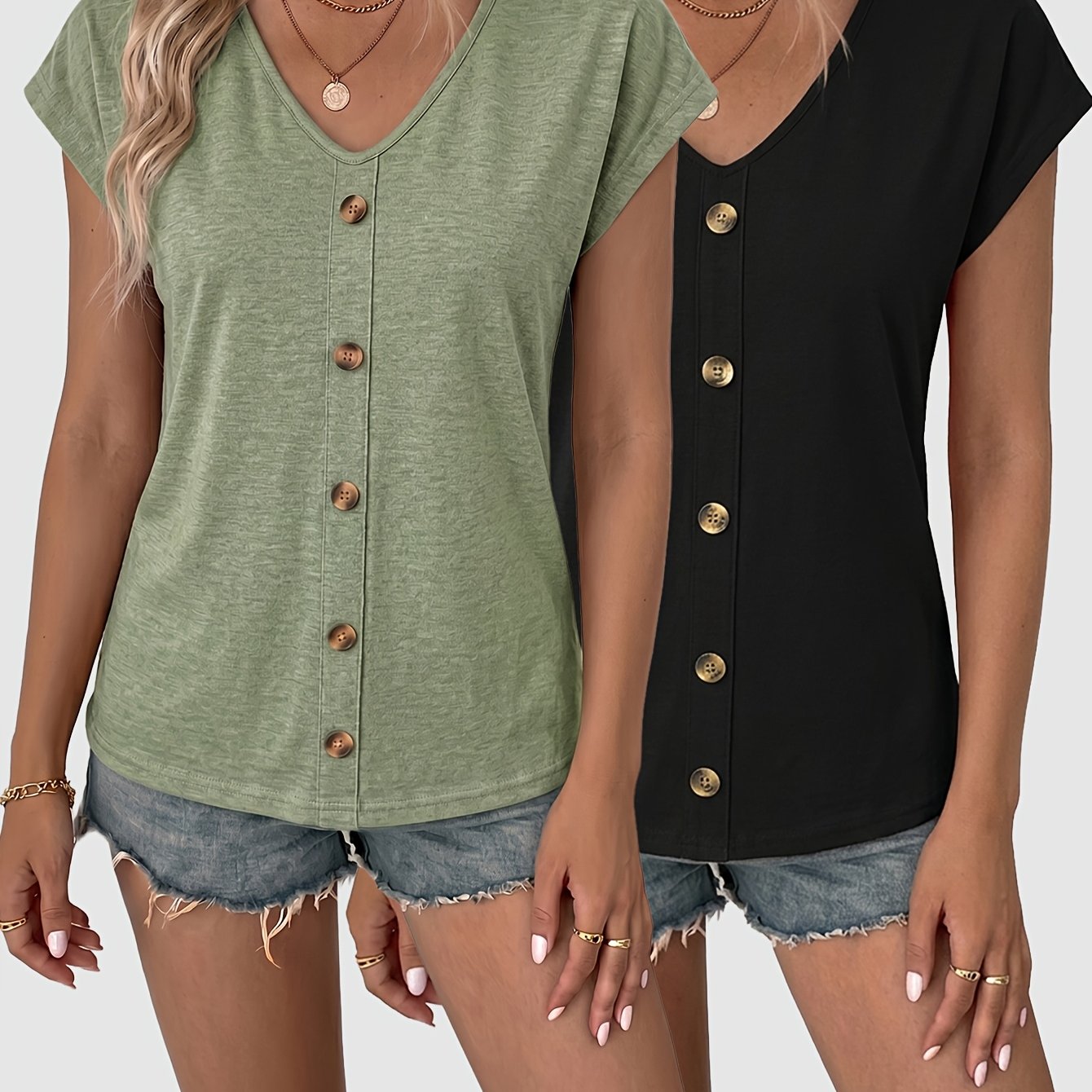 TEMU 2pcs Women' Color V-neck Short Sleeve T-shirt, New Summer Fashion, European And Style Single-breasted Button Decorative Versatile Top,