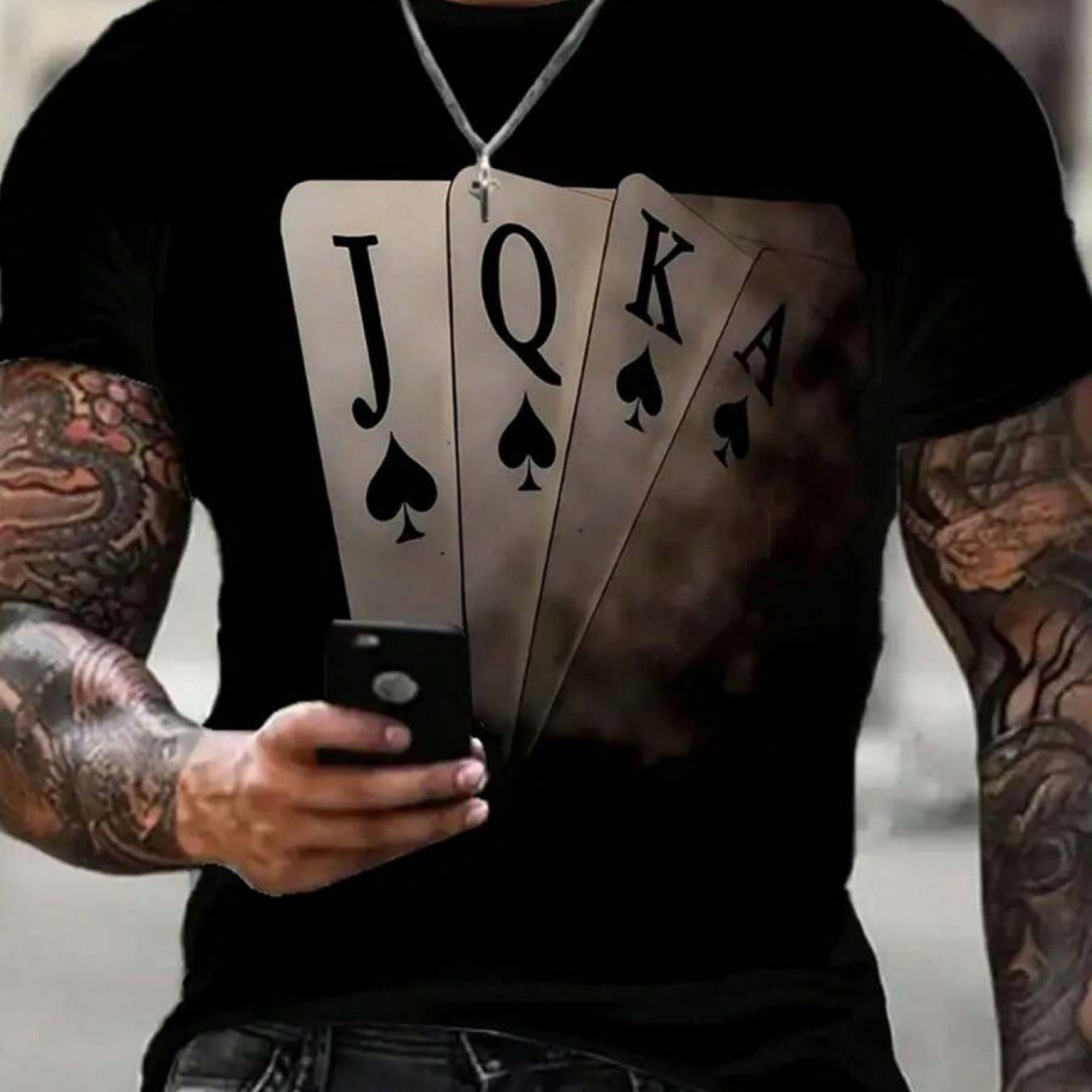 Men's Slim Fit 100% Cotton Poker Card Print T-shirt- Of Spades& Tens/jacks Suitable For , Breathable Crew Neck Short Sleeve Casual Tee For & Casual Attire, Machine Washable 180gsm Plus Size, Plus Size
