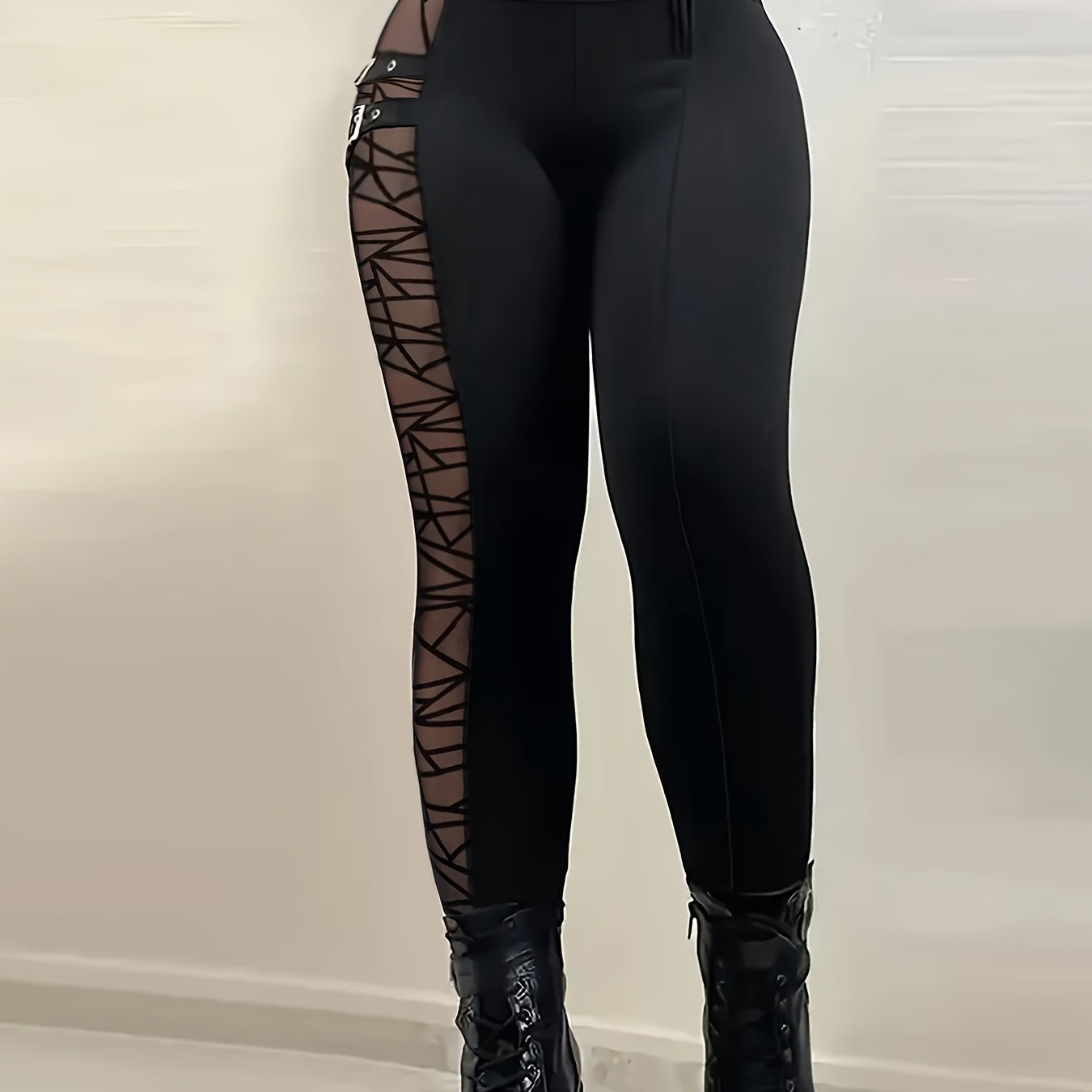High-waisted Stretchy Leggings With Mesh Panels & Zipper Detail - Sexy Slim-fit Pants For Women, 95% Polyester 5% Elastane, Machine Washable