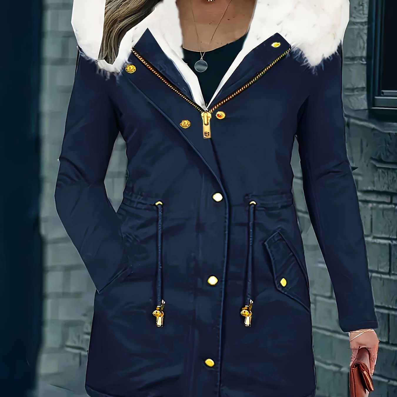 Daerling Directional Faux Fur Hooded Drawstring , Zipper Front Pocket Button Warm Coat, Women's
